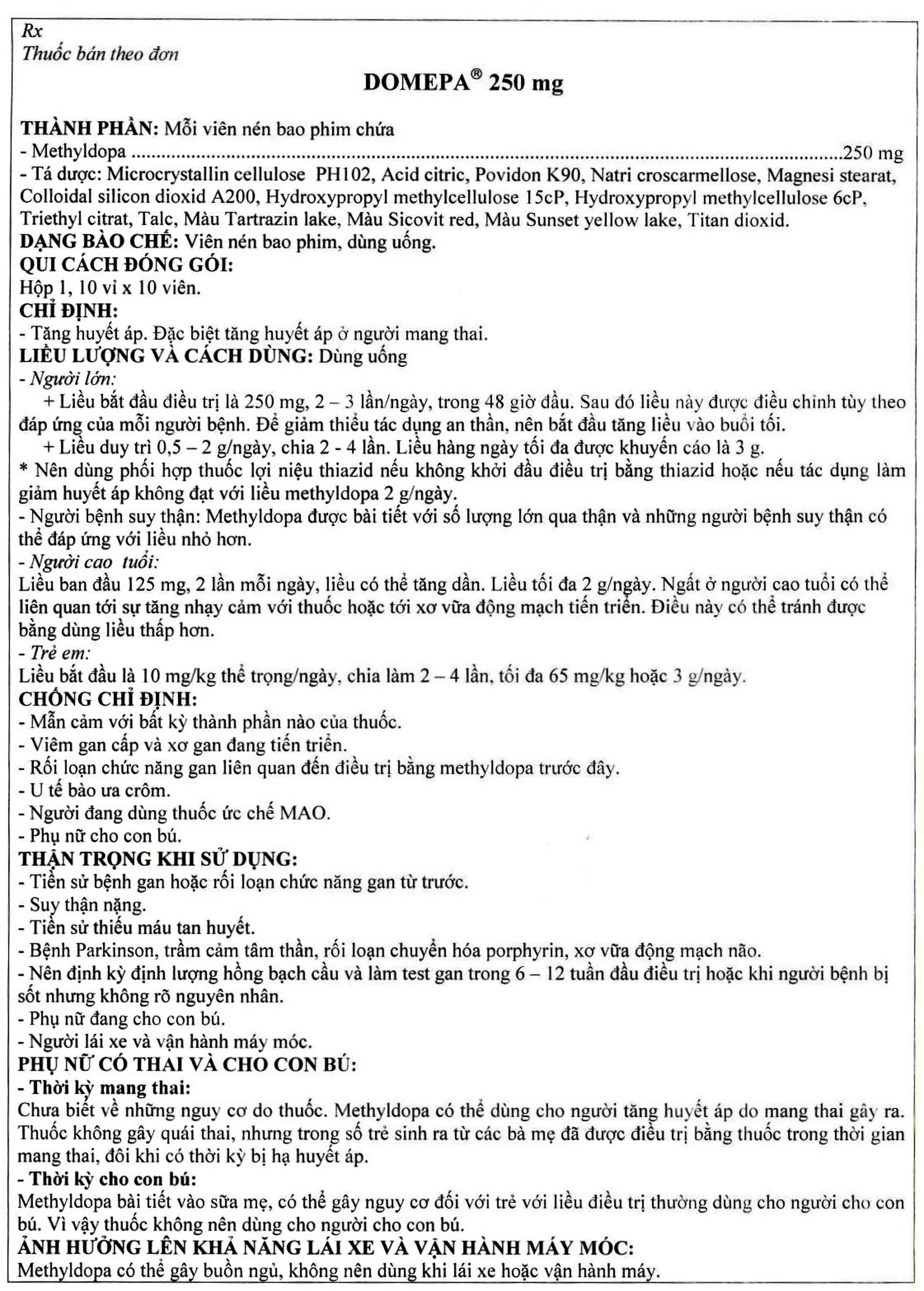 Thuốc Domepa 250mg Domesco điều trị tăng huyết áp (10 vỉ x 10 viên)