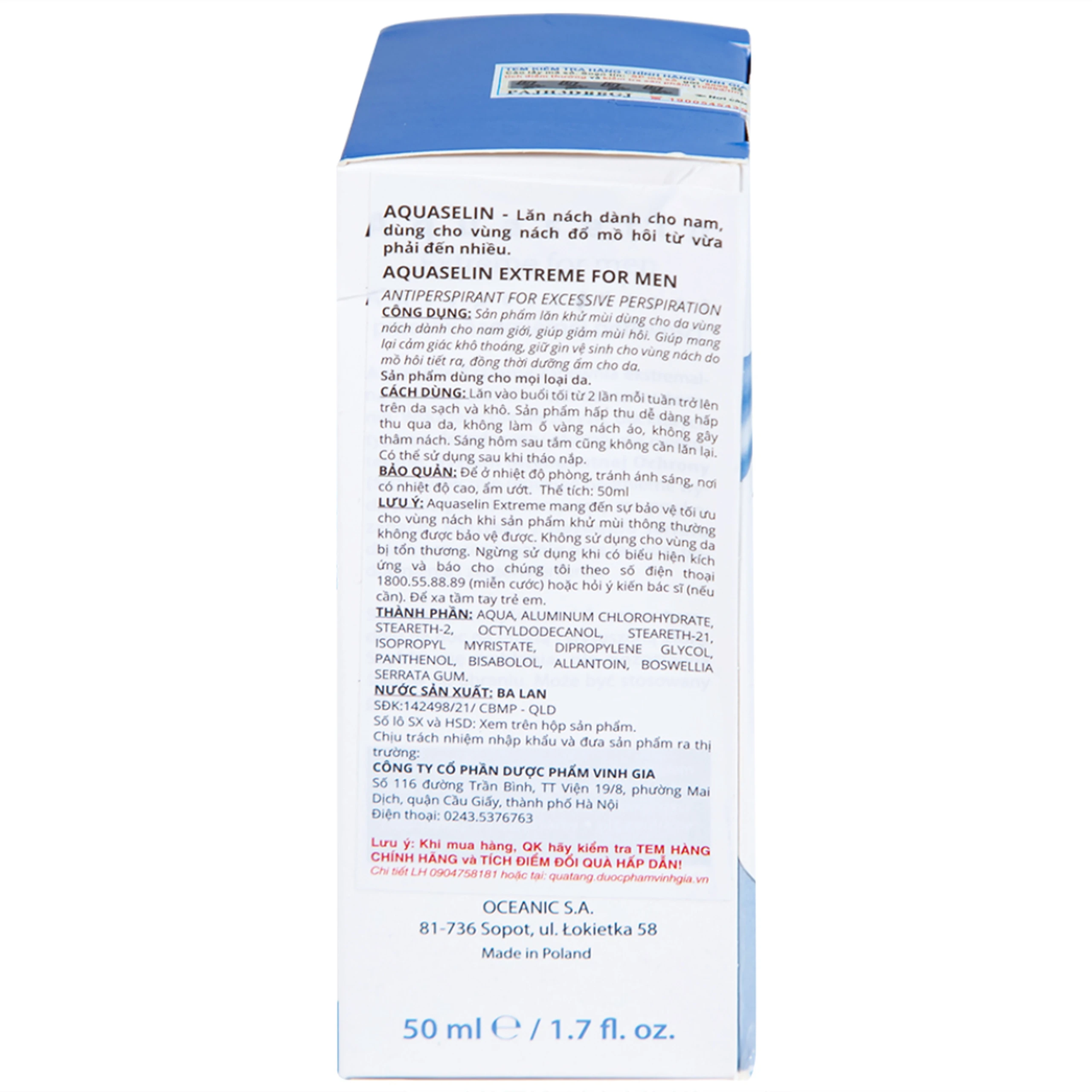 Lăn khử mùi Aquaselin Extreme for Men giúp khử mùi cơ thể dành cho nam (50ml)