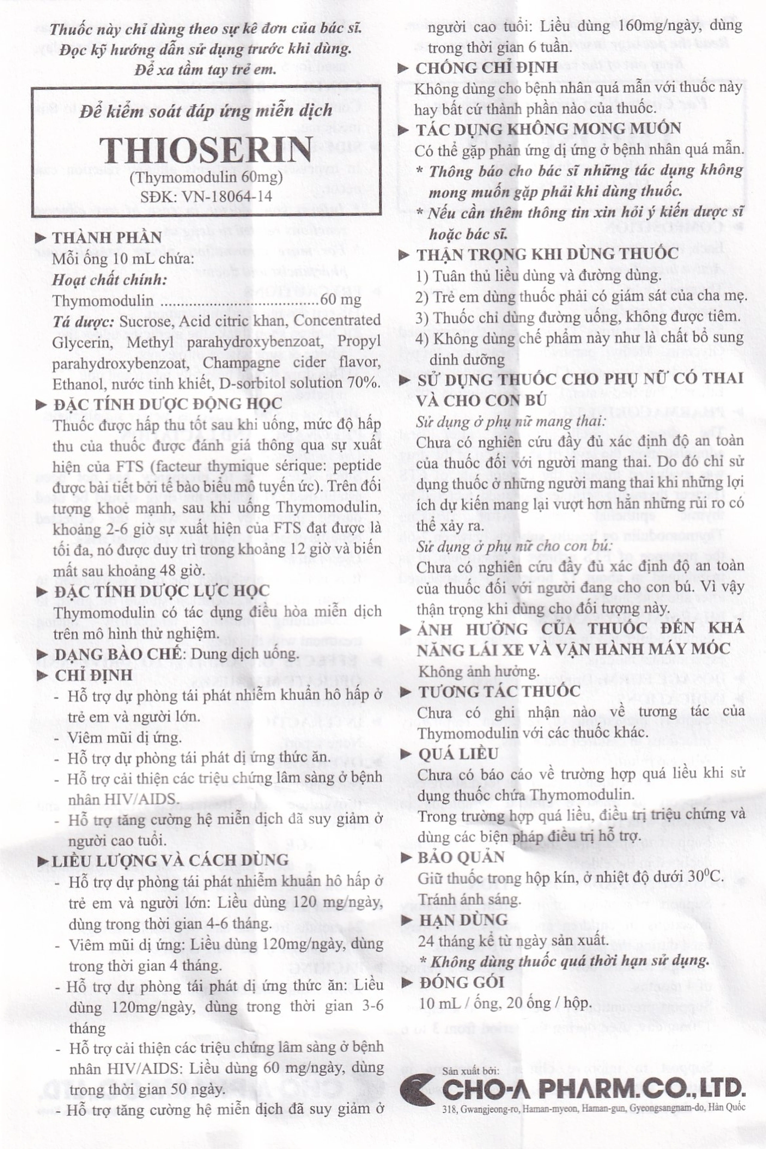 Dung dịch Thioserin CHO-A điều trị viêm mũi dị ứng (20 ống x 10ml)