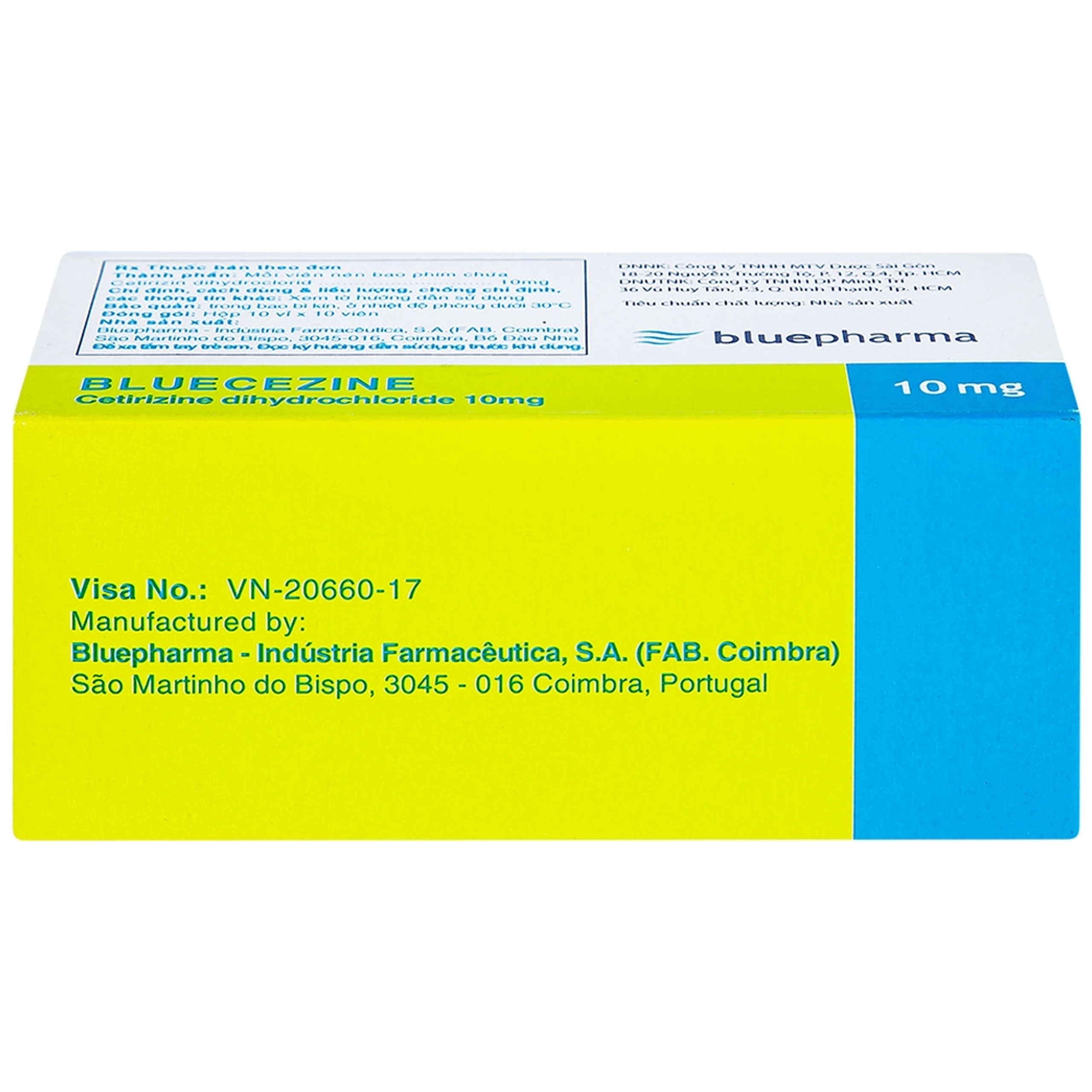 Thuốc Bluecezine 10mg Bluepharma điều trị dị ứng, viêm mũi dị ứng (10 vỉ x 10 viên)