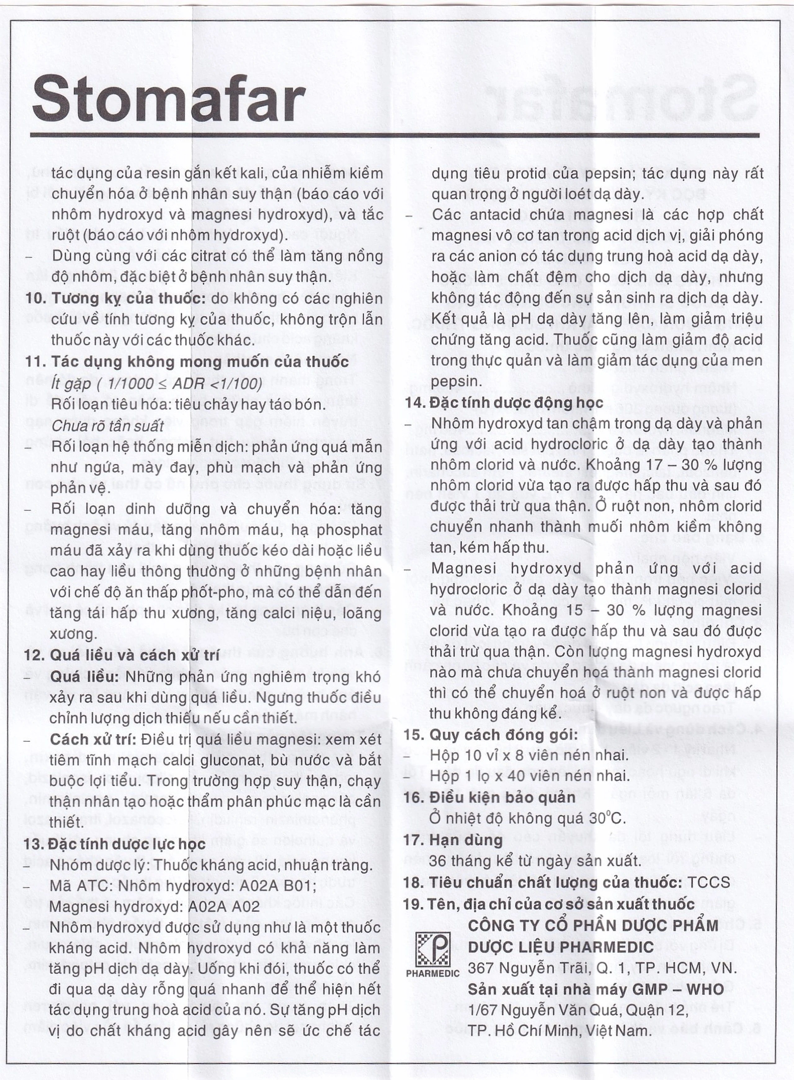 Viên nhai Stomafar Pharmedic điều trị trung hòa acid dạ dày (40 viên)