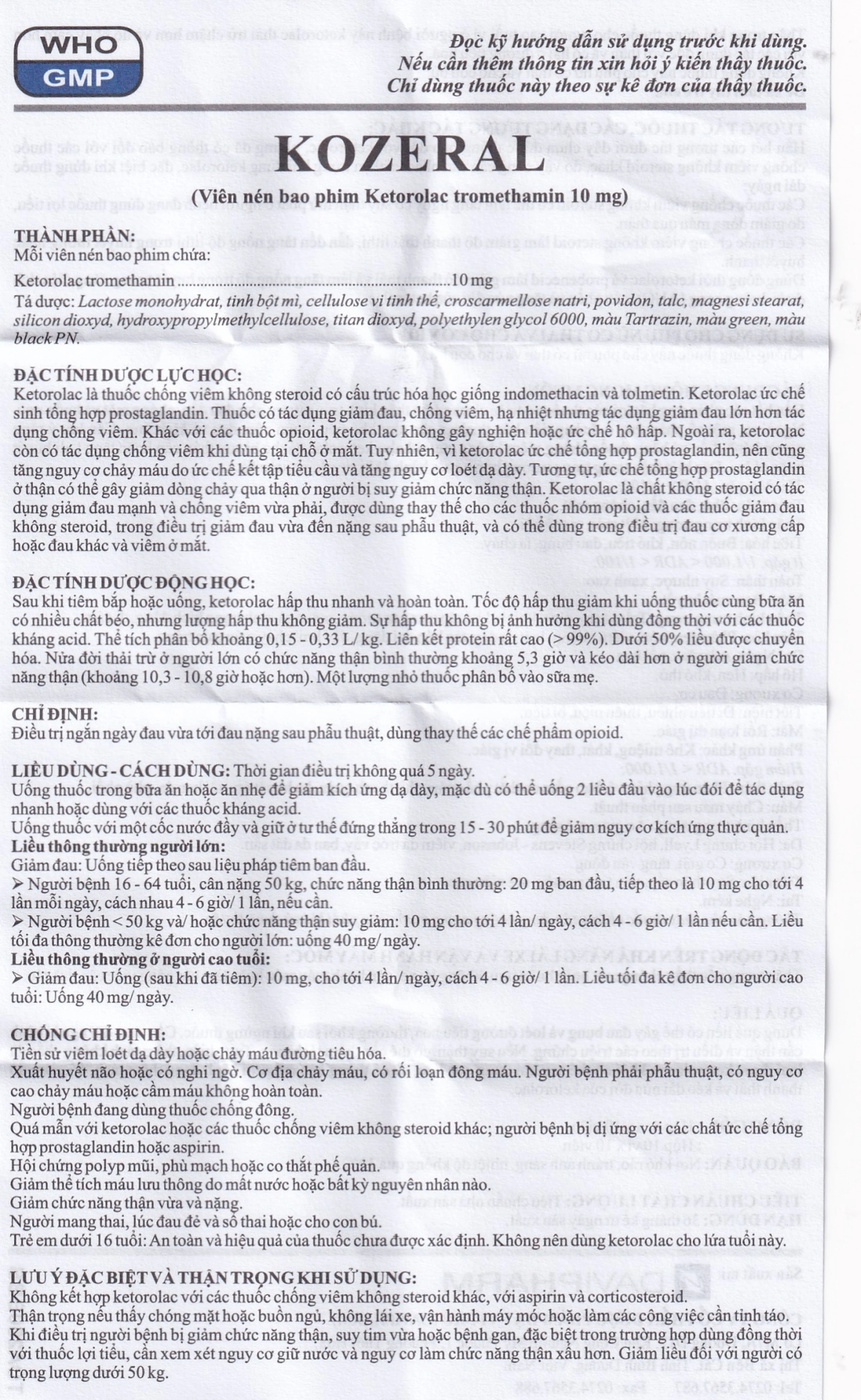 Viên nén Kozeral 10mg DaviPharm điều trị đau vừa tới nặng sau phẫu thuật (6 vỉ x 10 viên)