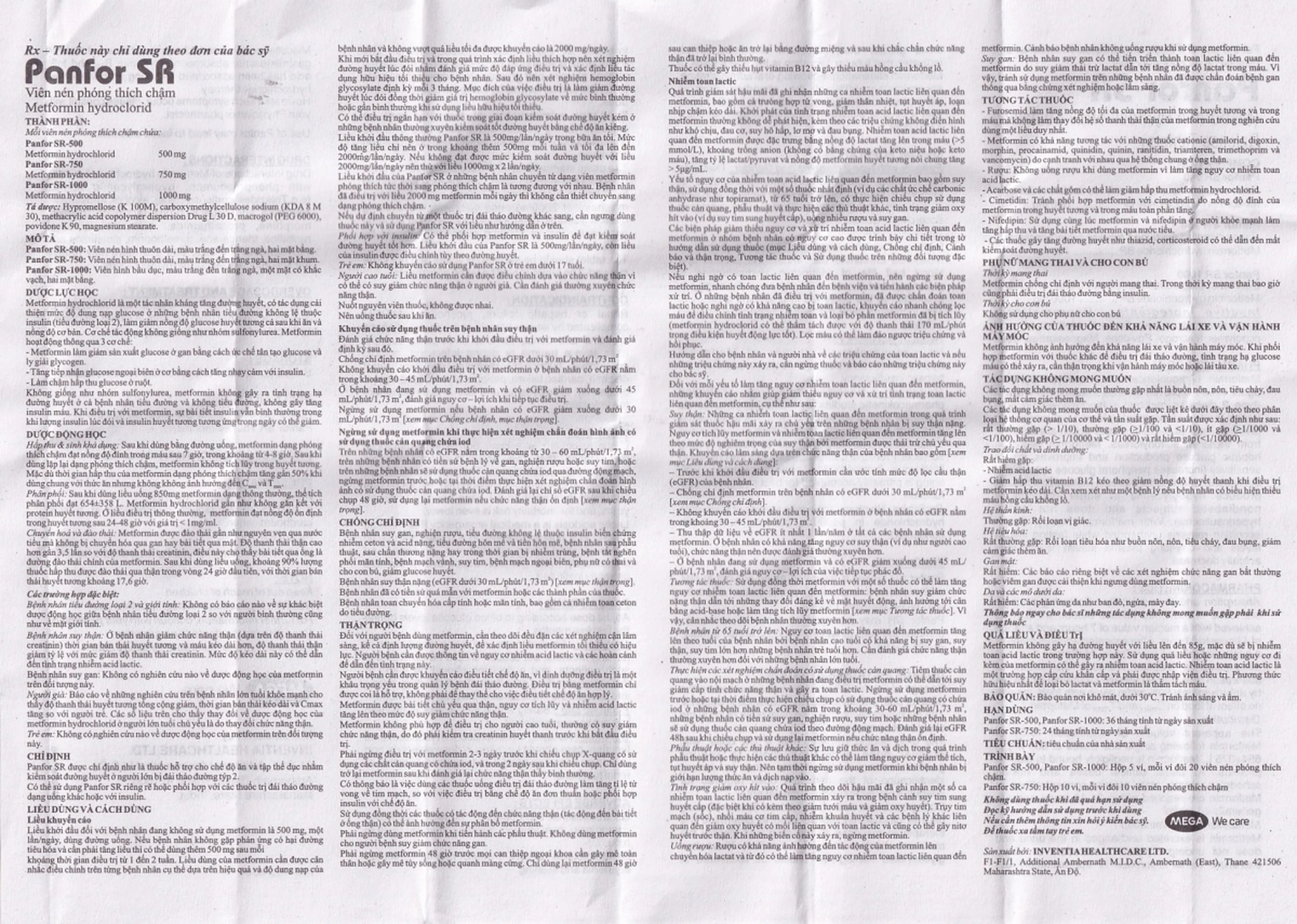 Viên nén Panfor SR-500 MEGA We Care điều trị bệnh đái tháo đường típ 2 (5 vỉ x 20 viên)