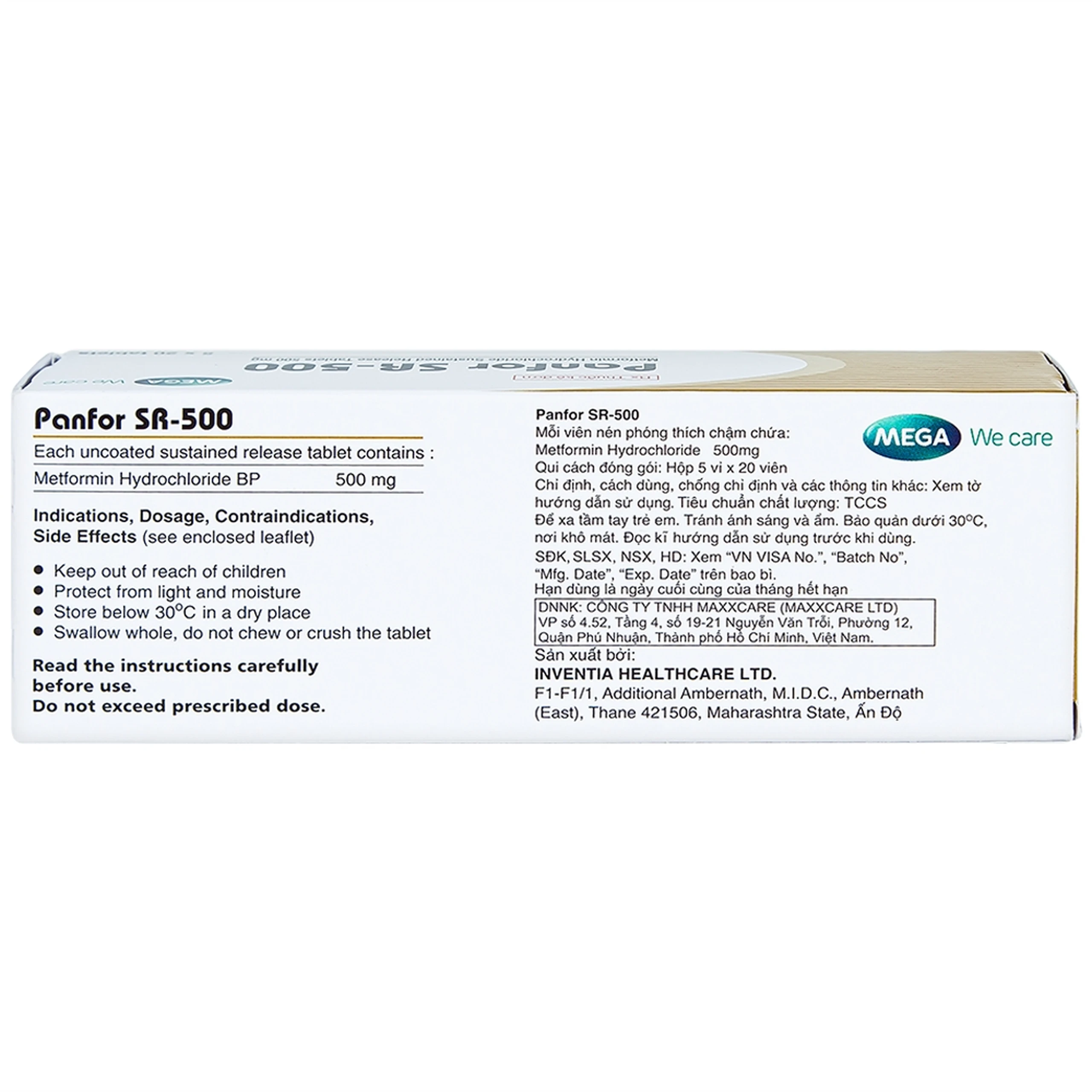 Viên nén Panfor SR-500 MEGA We Care điều trị bệnh đái tháo đường típ 2 (5 vỉ x 20 viên)