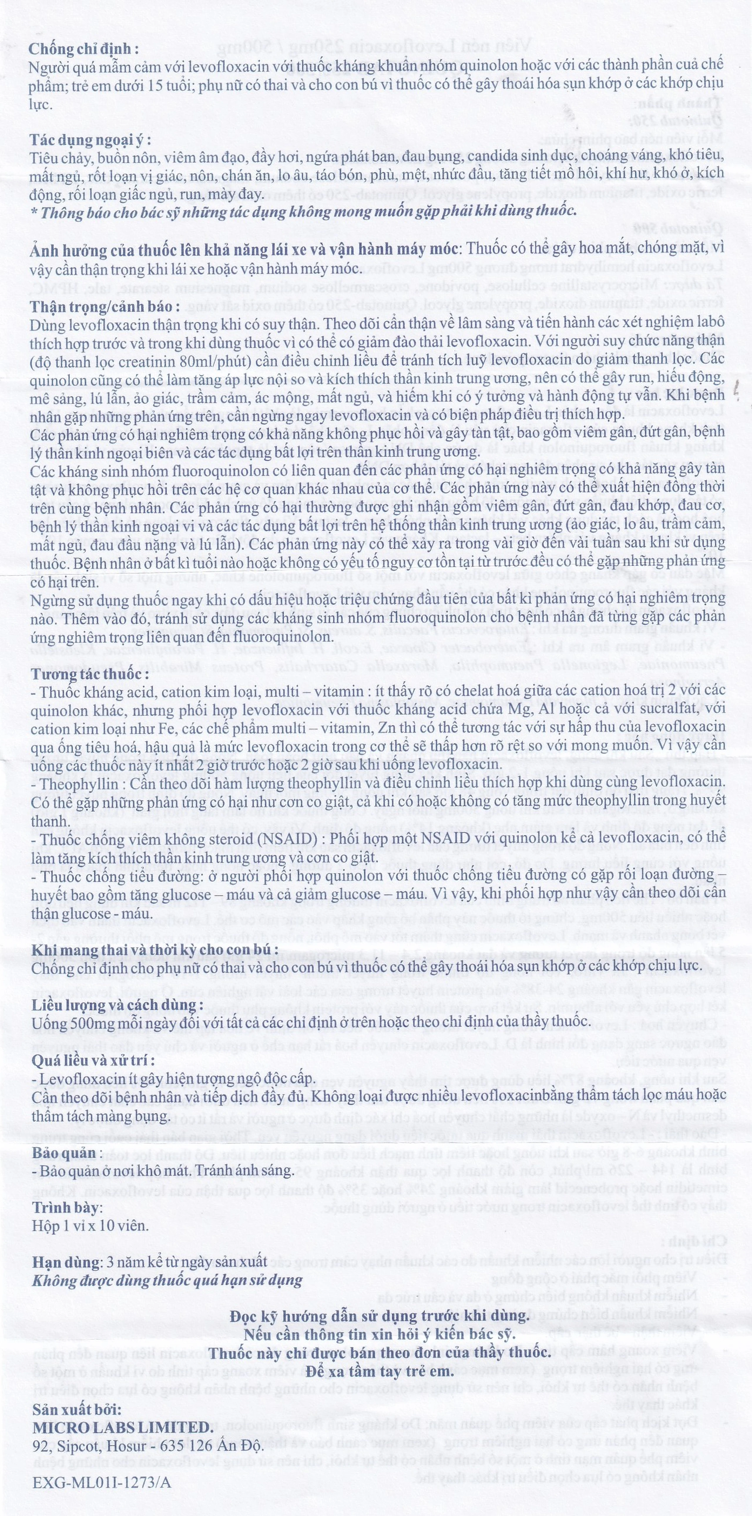 Thuốc Quinotab-500 Micro điều trị các chứng nhiễm trùng (1 vỉ x 10 viên) 