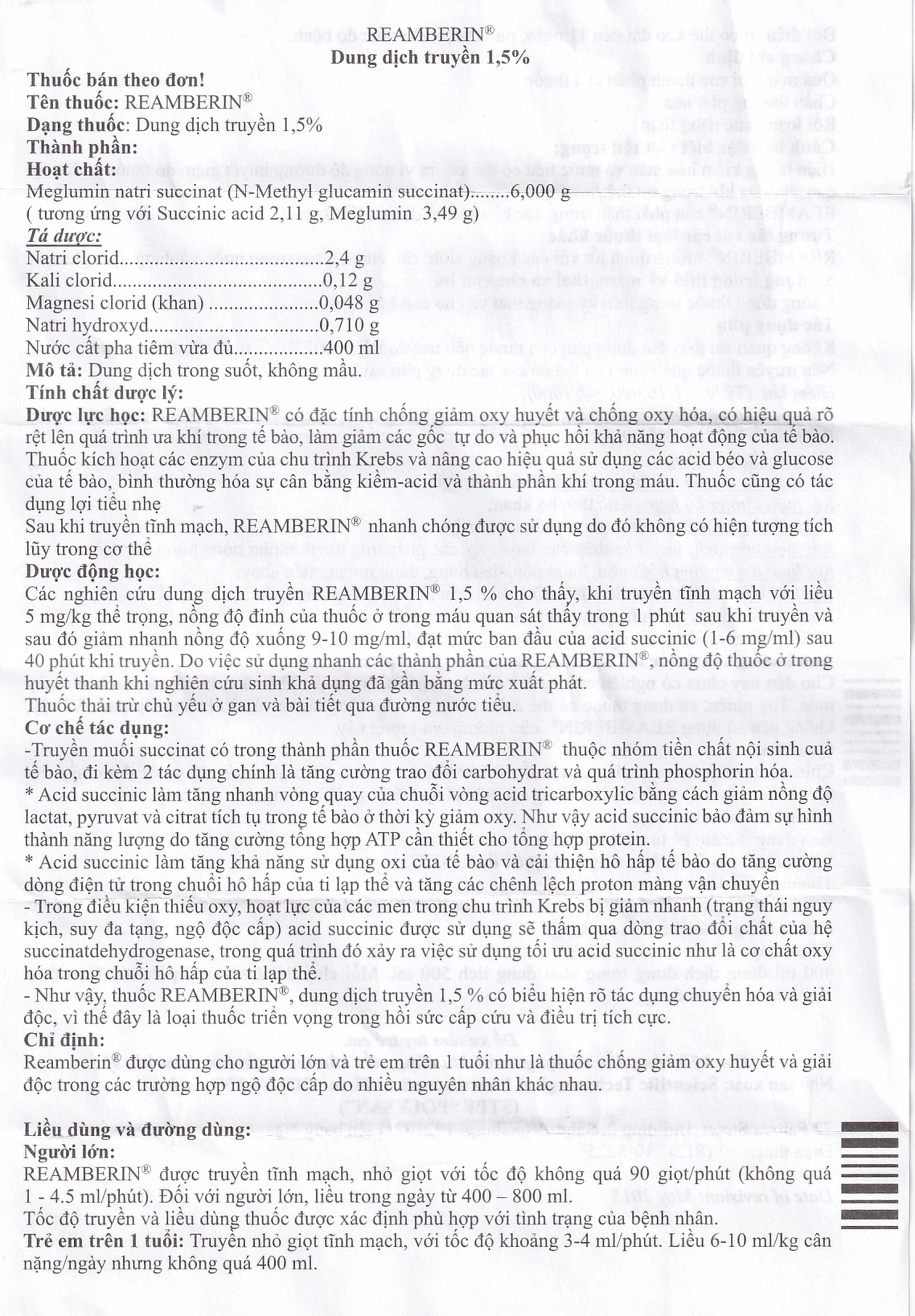 Dung dịch truyền Reamberin Polysan giảm oxy huyết và giải độc (400ml)