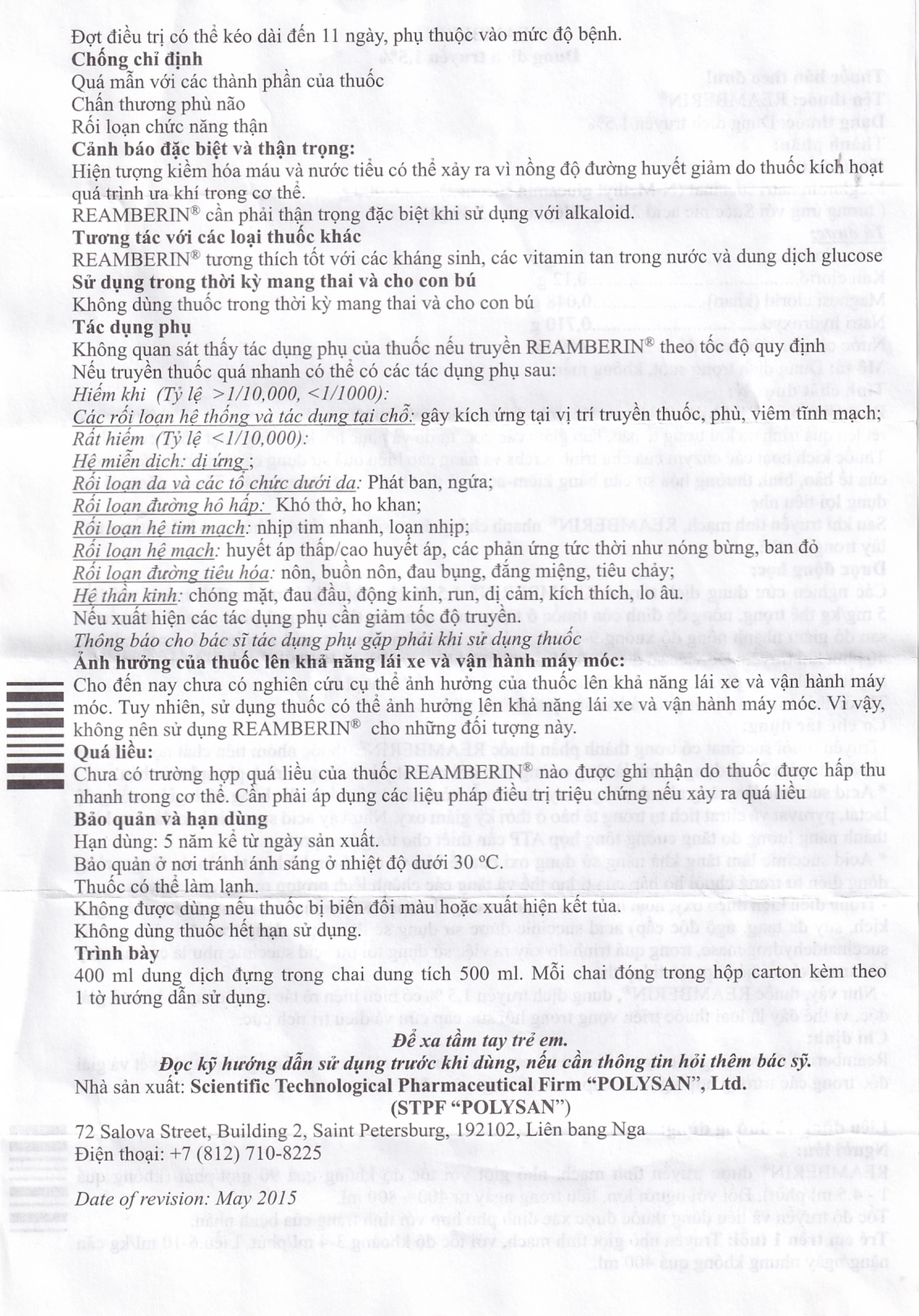 Dung dịch truyền Reamberin Polysan giảm oxy huyết và giải độc (400ml)