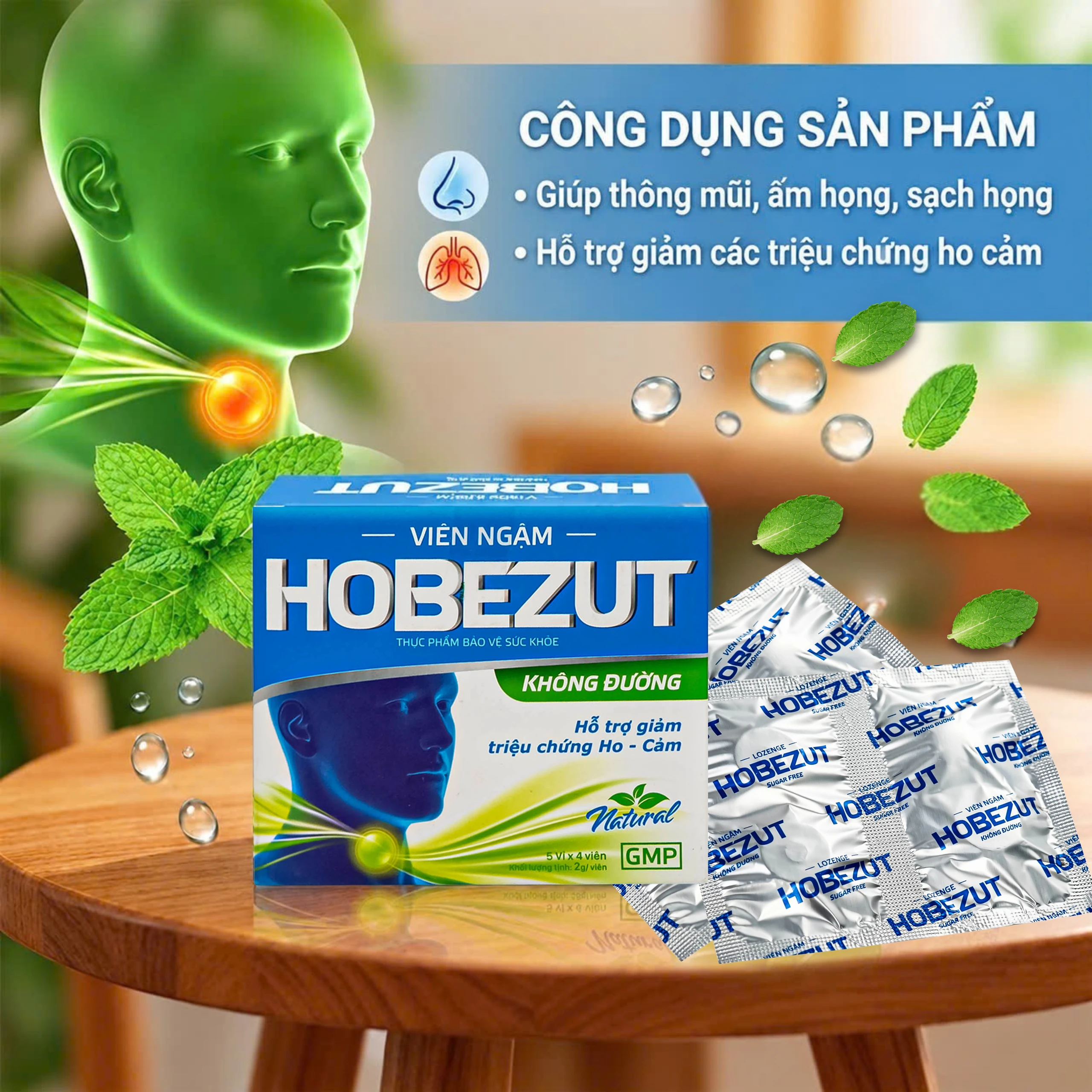 Viên ngậm Hobezut Vinacare không đường, giảm triệu chứng ho cảm (5 vỉ x 4 viên) 2