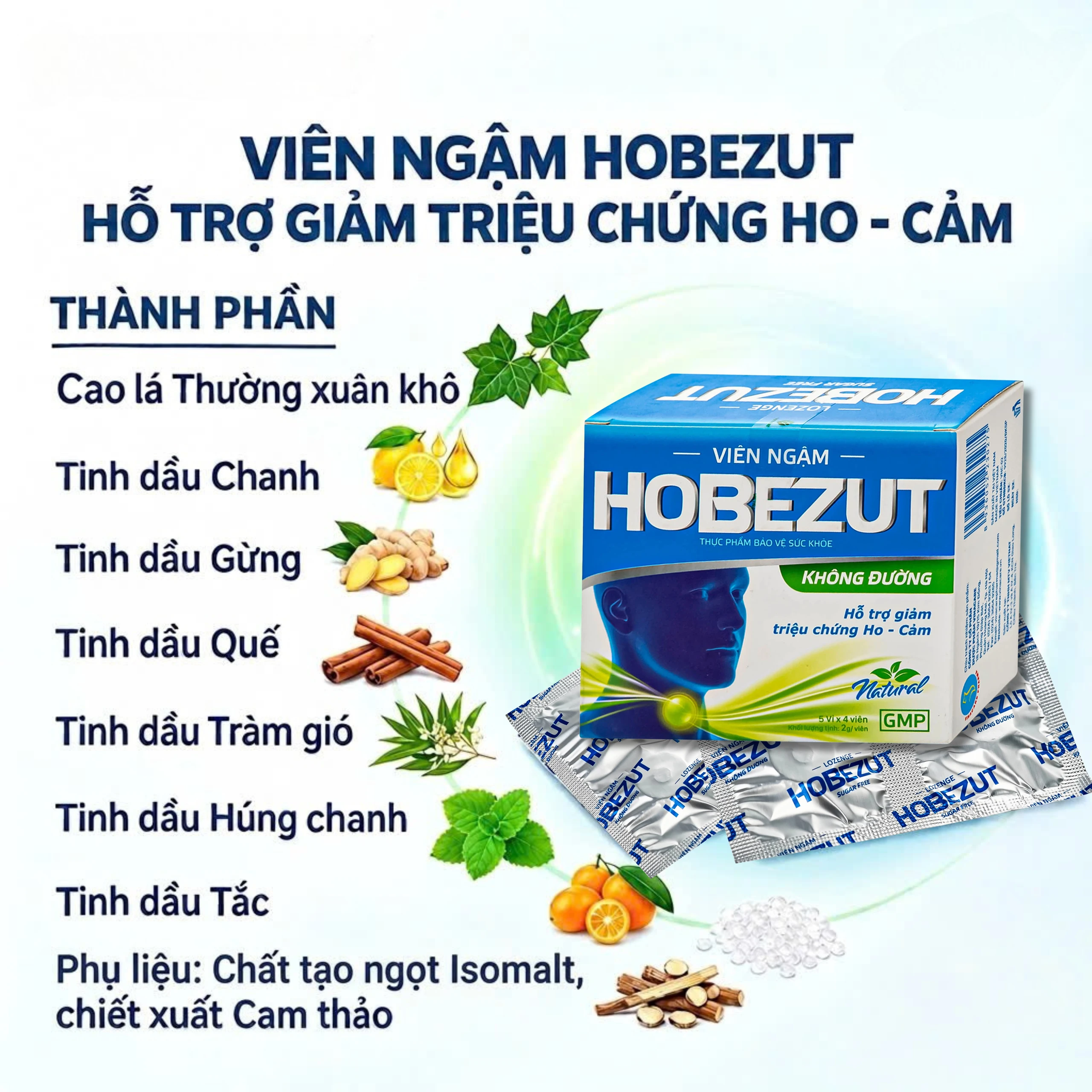 Viên ngậm Hobezut Vinacare không đường, giảm triệu chứng ho cảm (5 vỉ x 4 viên) 3