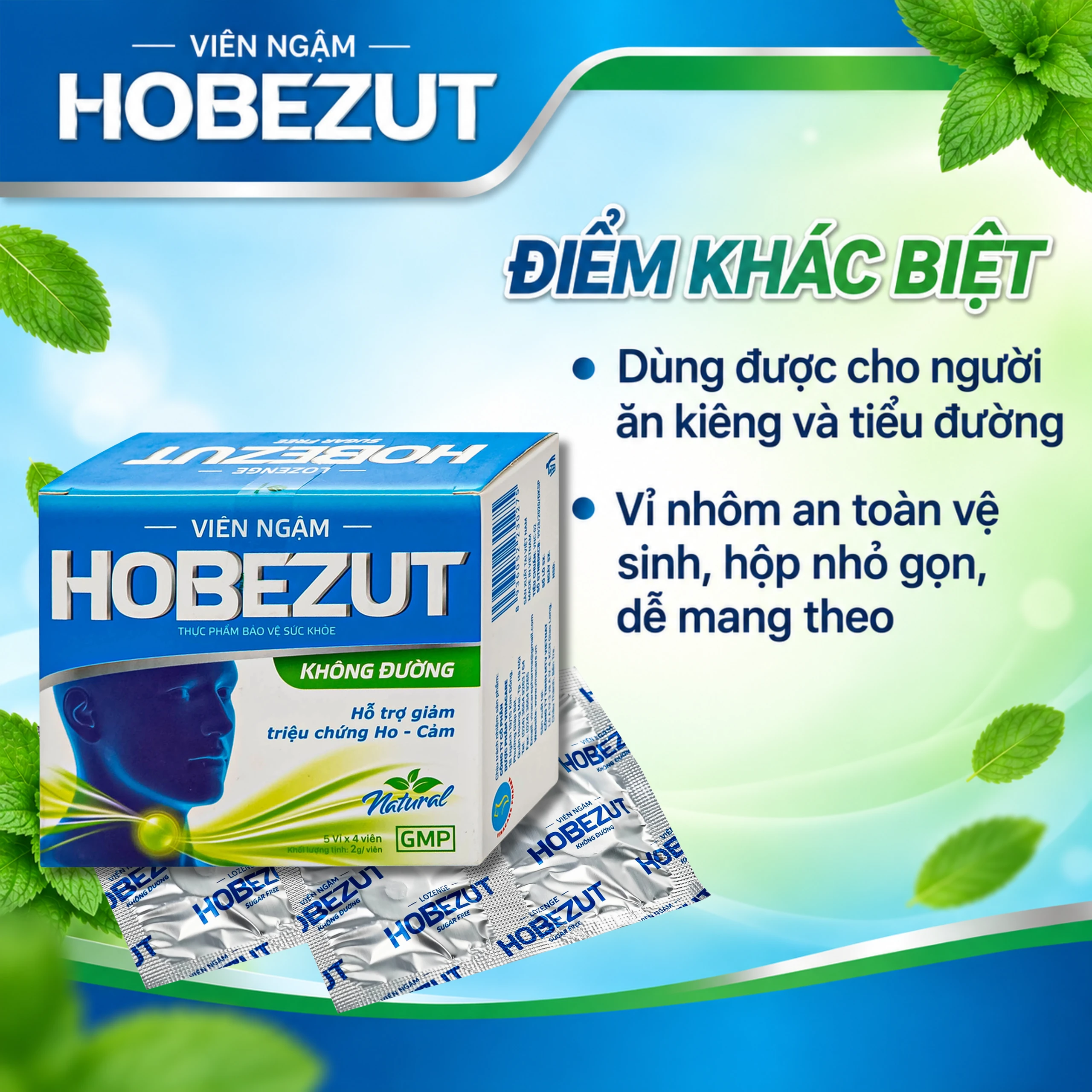 Viên ngậm Hobezut Vinacare không đường, giảm triệu chứng ho cảm (5 vỉ x 4 viên) 6