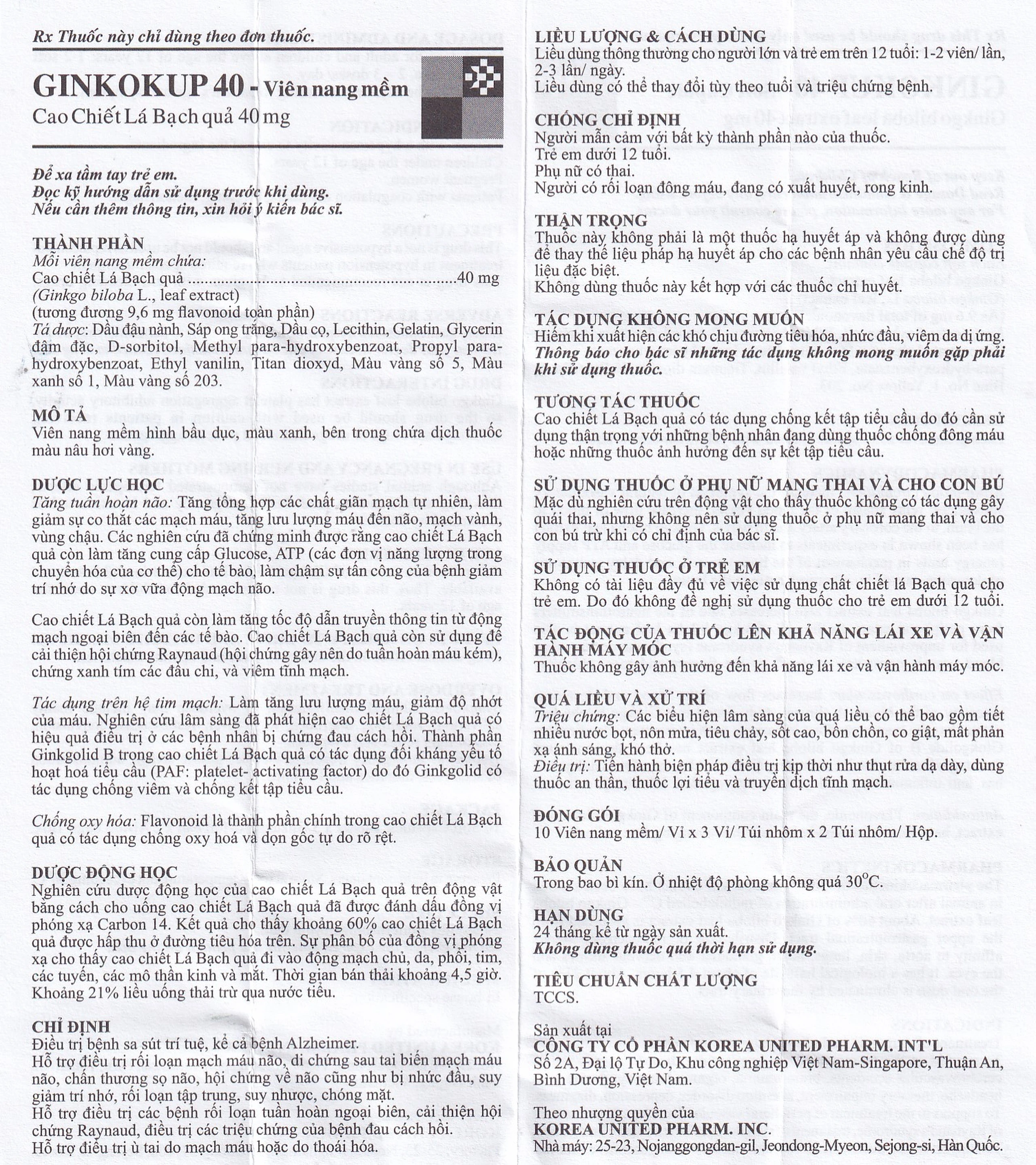 Thuốc Ginkokup 40 Korea United điều trị bệnh sa sút trí tuệ, bệnh Alzheimer, rối loạn mạch máu não (6 vỉ x 10 viên)