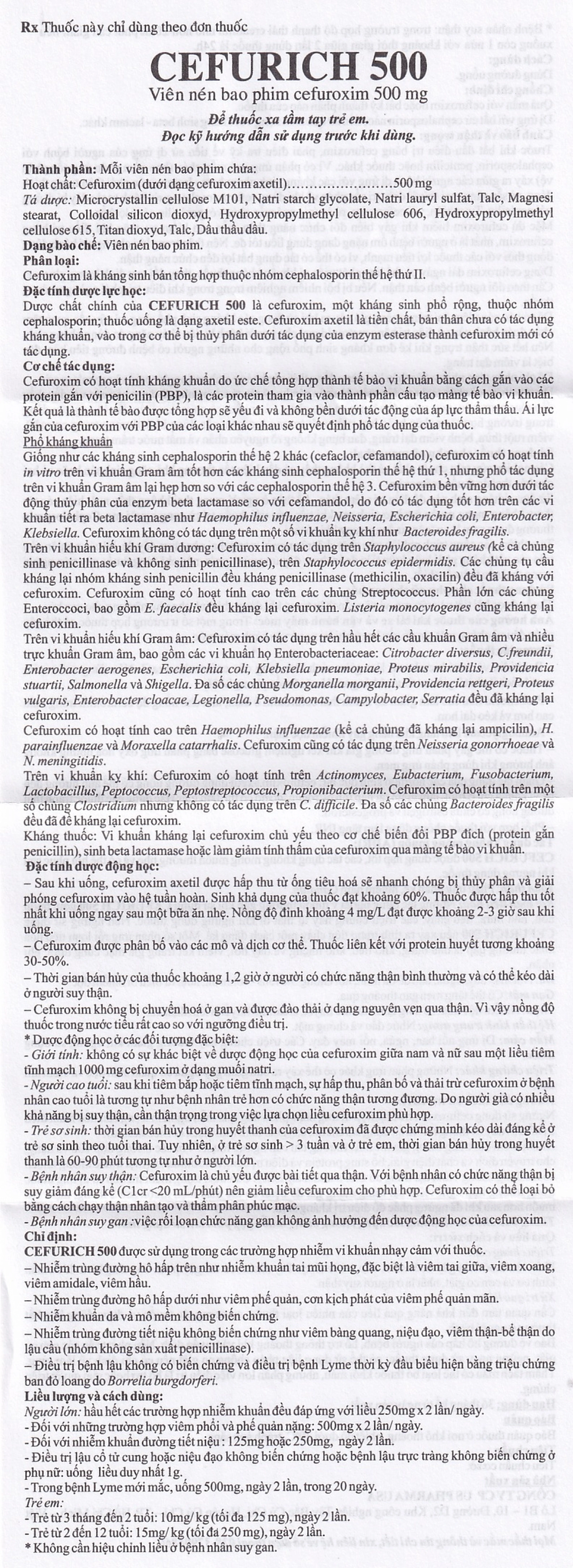 Thuốc Cefurich 500mg USP điều trị nhiễm khuẩn (2 vỉ x 5 viên)