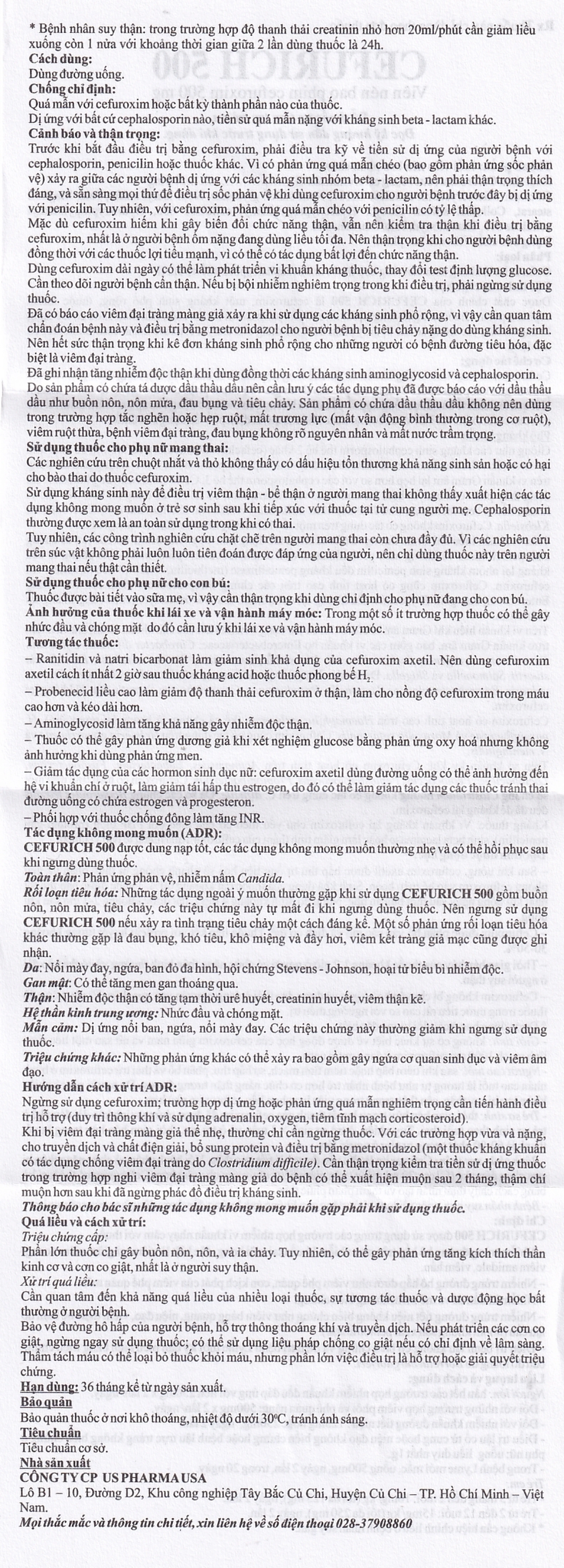 Thuốc Cefurich 500mg USP điều trị nhiễm khuẩn (2 vỉ x 5 viên)