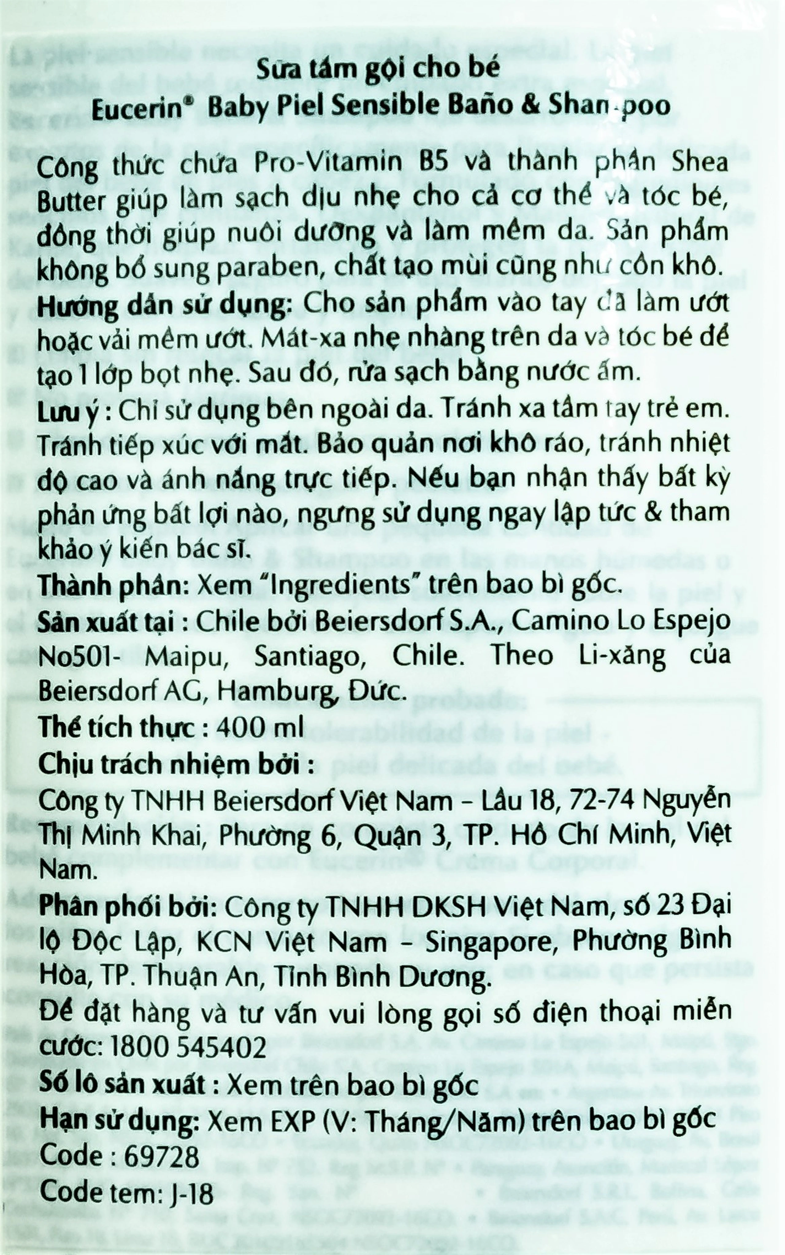 Sữa tắm gội Eucerin Baby Wash & Shampoo làm sạch dịu nhẹ mái tóc và làn da của bé (400ml)