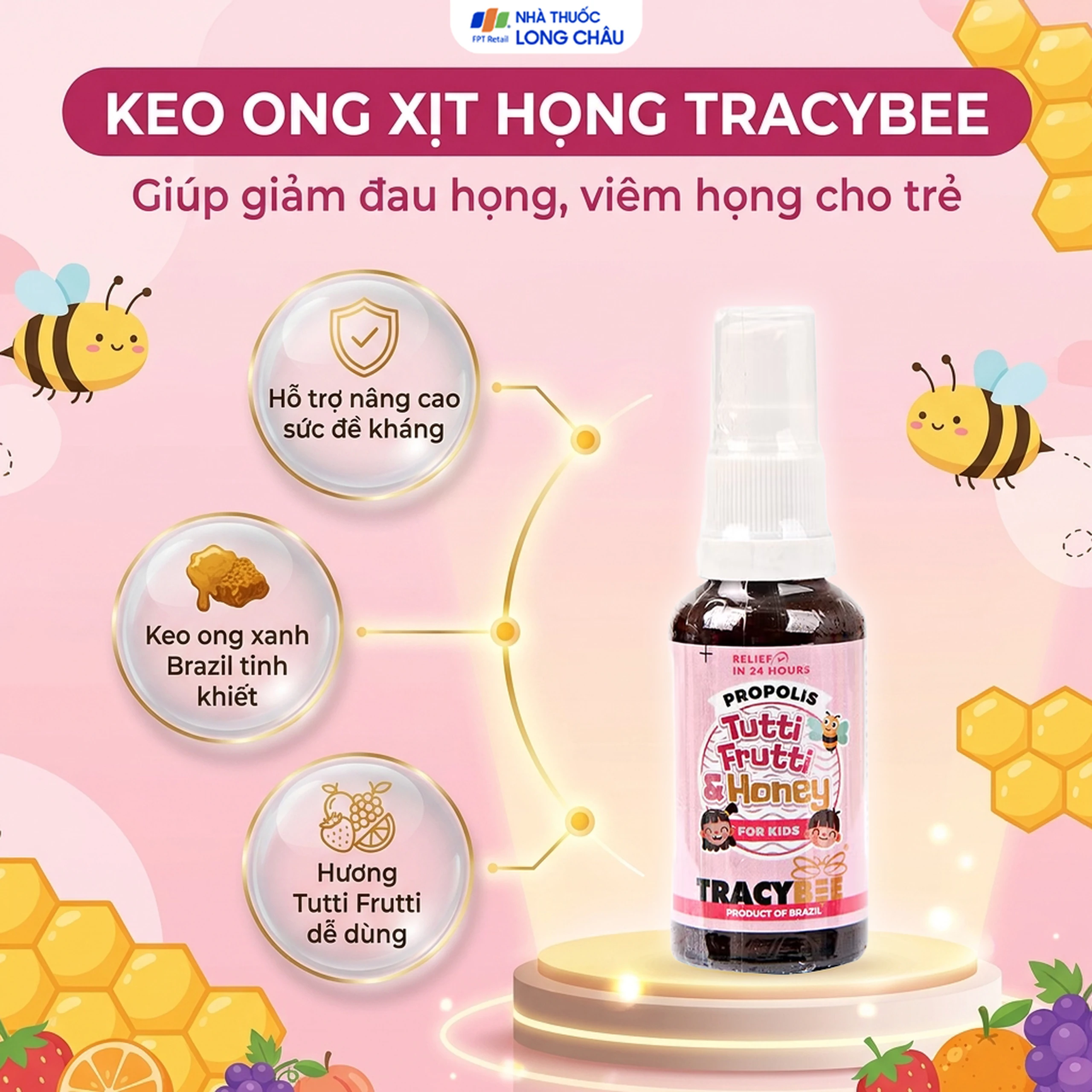 Keo ong giúp giảm đau viêm họng ho do nhiễm khuẩn Tracybee Propolis Tutti Frutti & Honey vị trái cây (30ml) 3