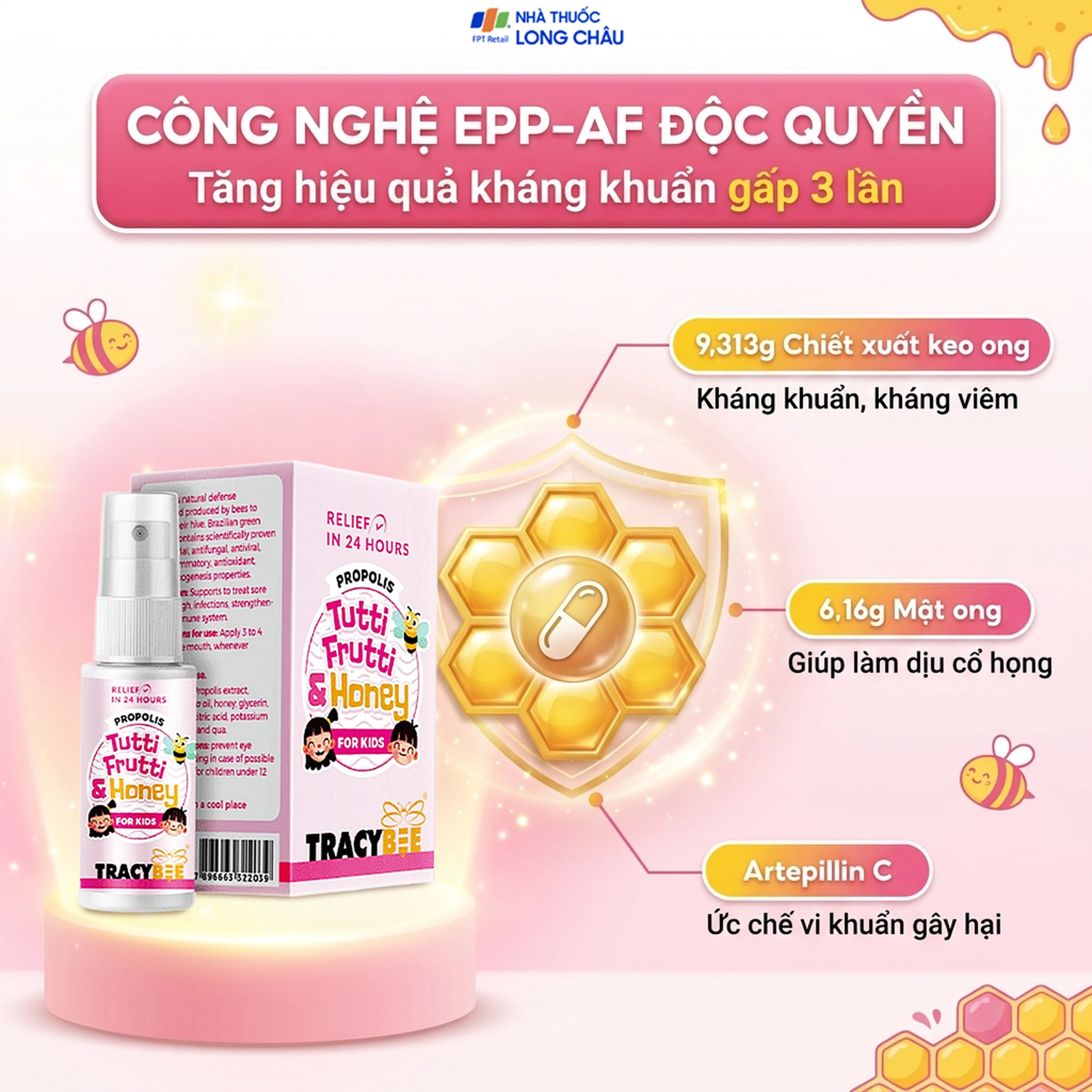 Keo ong giúp giảm đau viêm họng ho do nhiễm khuẩn Tracybee Propolis Tutti Frutti & Honey vị trái cây (30ml) 4