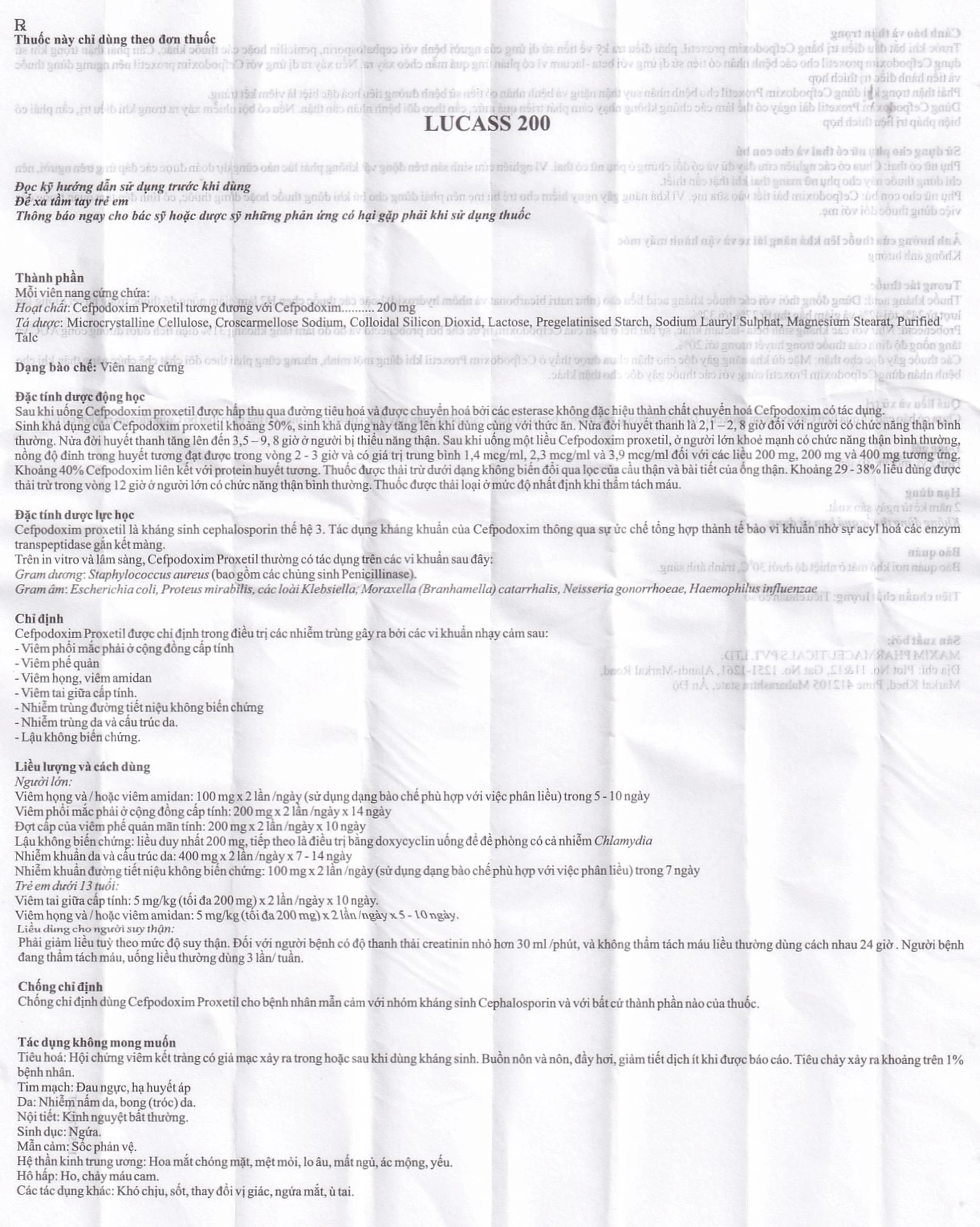 Thuốc Lucass 200 Maxim điều trị viêm phổi, viêm phế quản, viêm họng (2 vỉ x 10 viên)