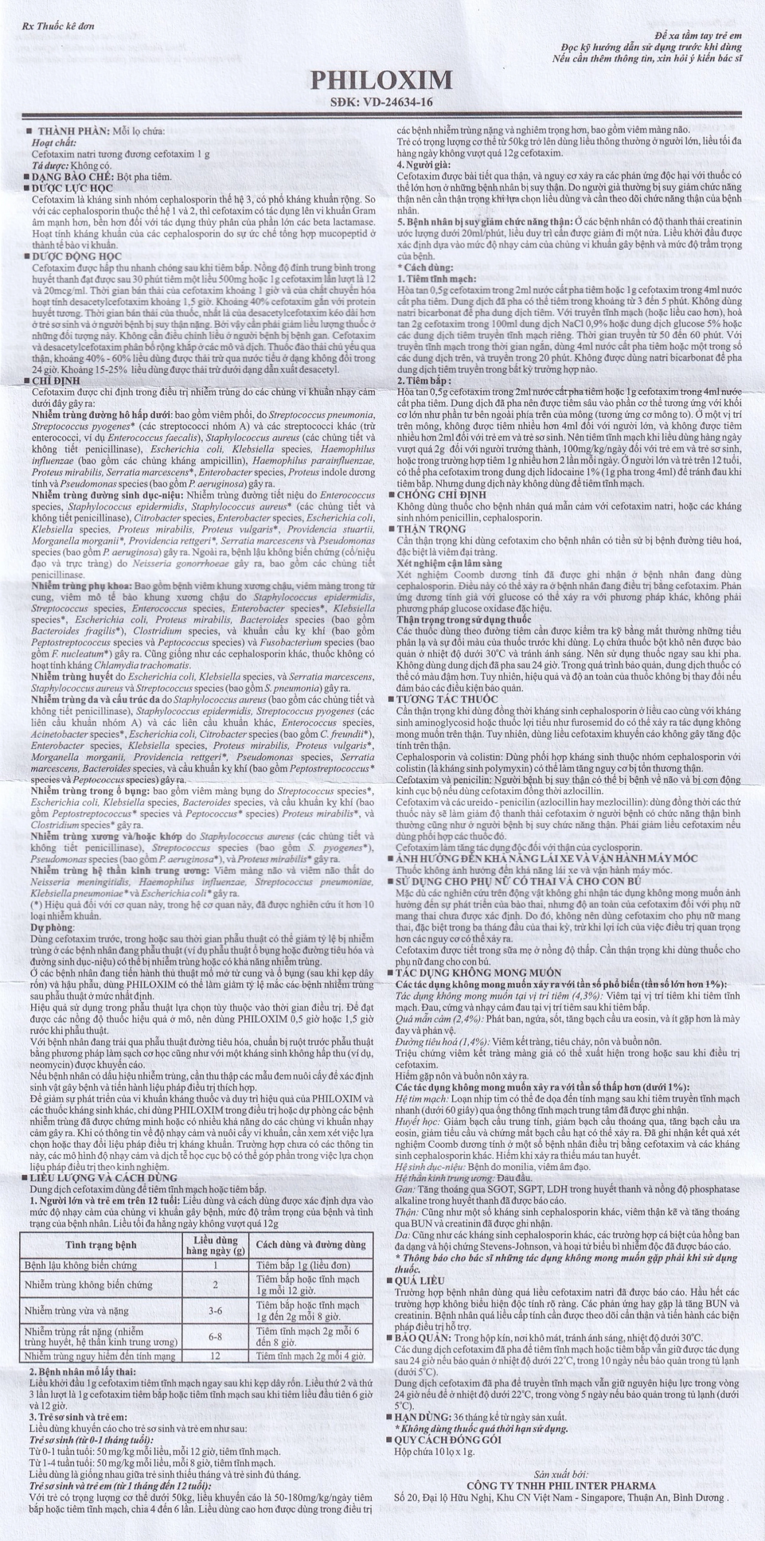 Bột pha tiêm Philoxim 1g Phil Inter Pharma điều trị nhiễm trùng do các chủng vi khuẩn (10 chai)