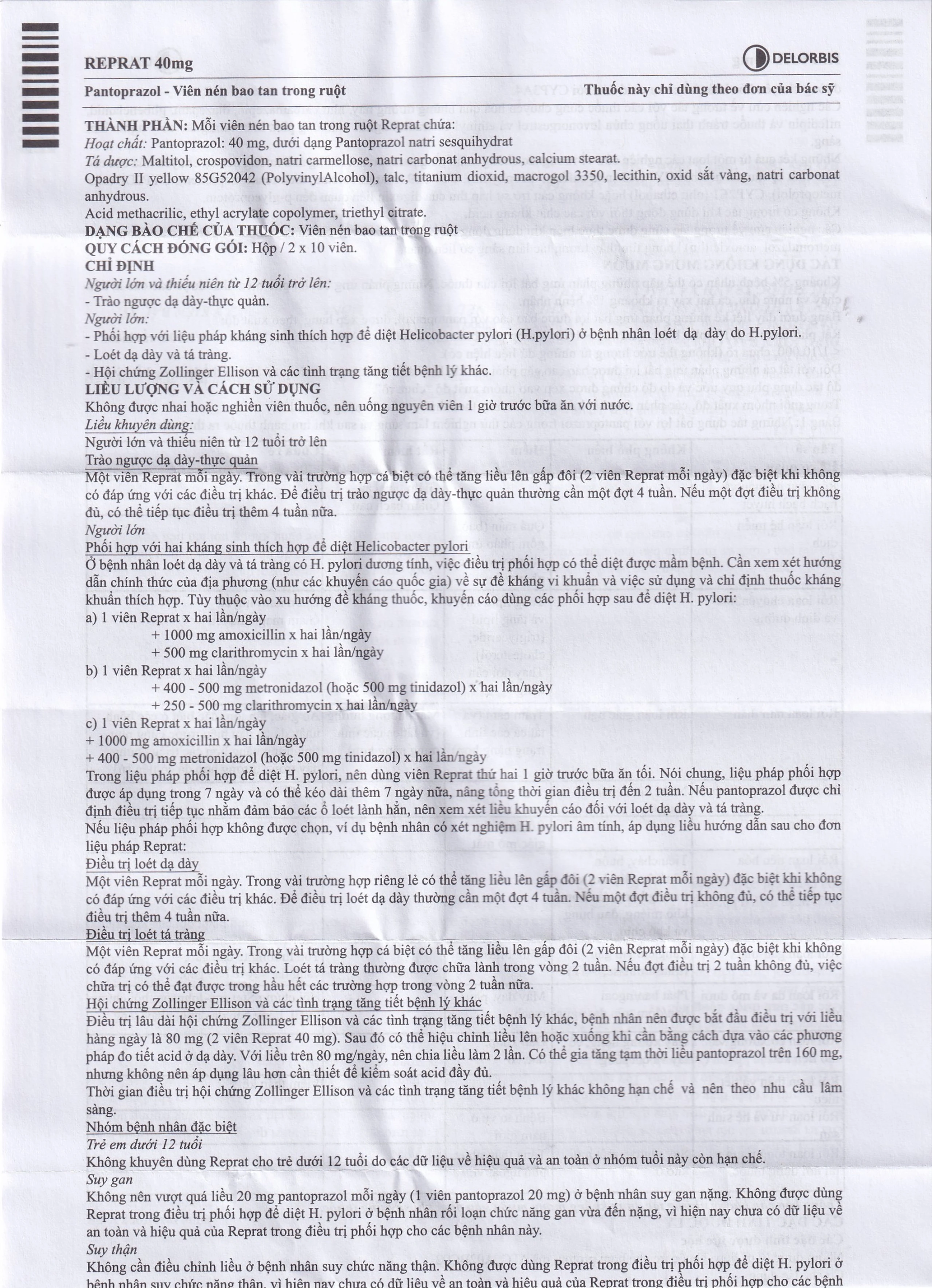 Thuốc Reprat 40mg Delorbis điều trị trào ngược dạ dày, thực quản (2 vỉ x 10 viên)