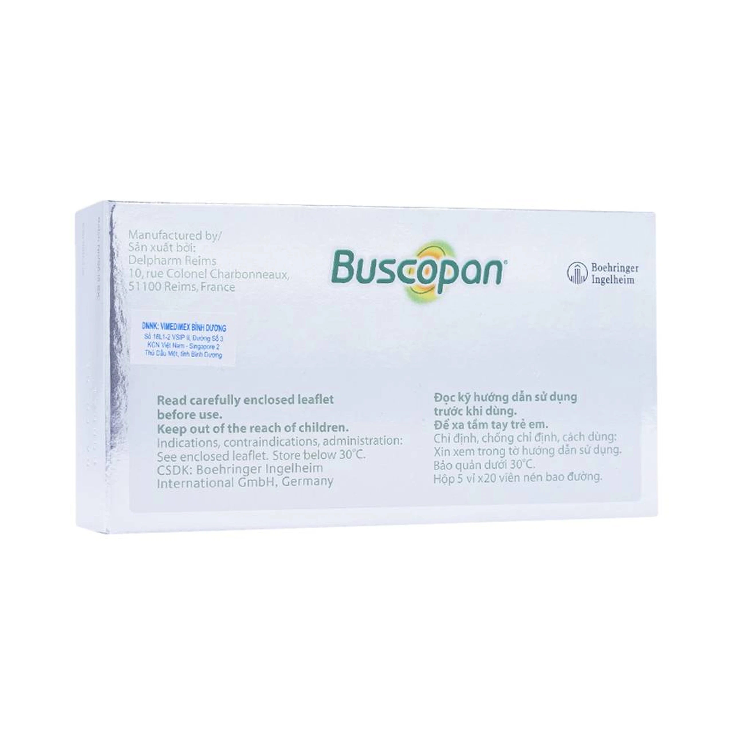Thuốc Buscopan Boehringer giảm co thắt cơ trơn đường sinh dục, tiết niệu, đường tiêu hóa (5 vỉ x 20 viên)