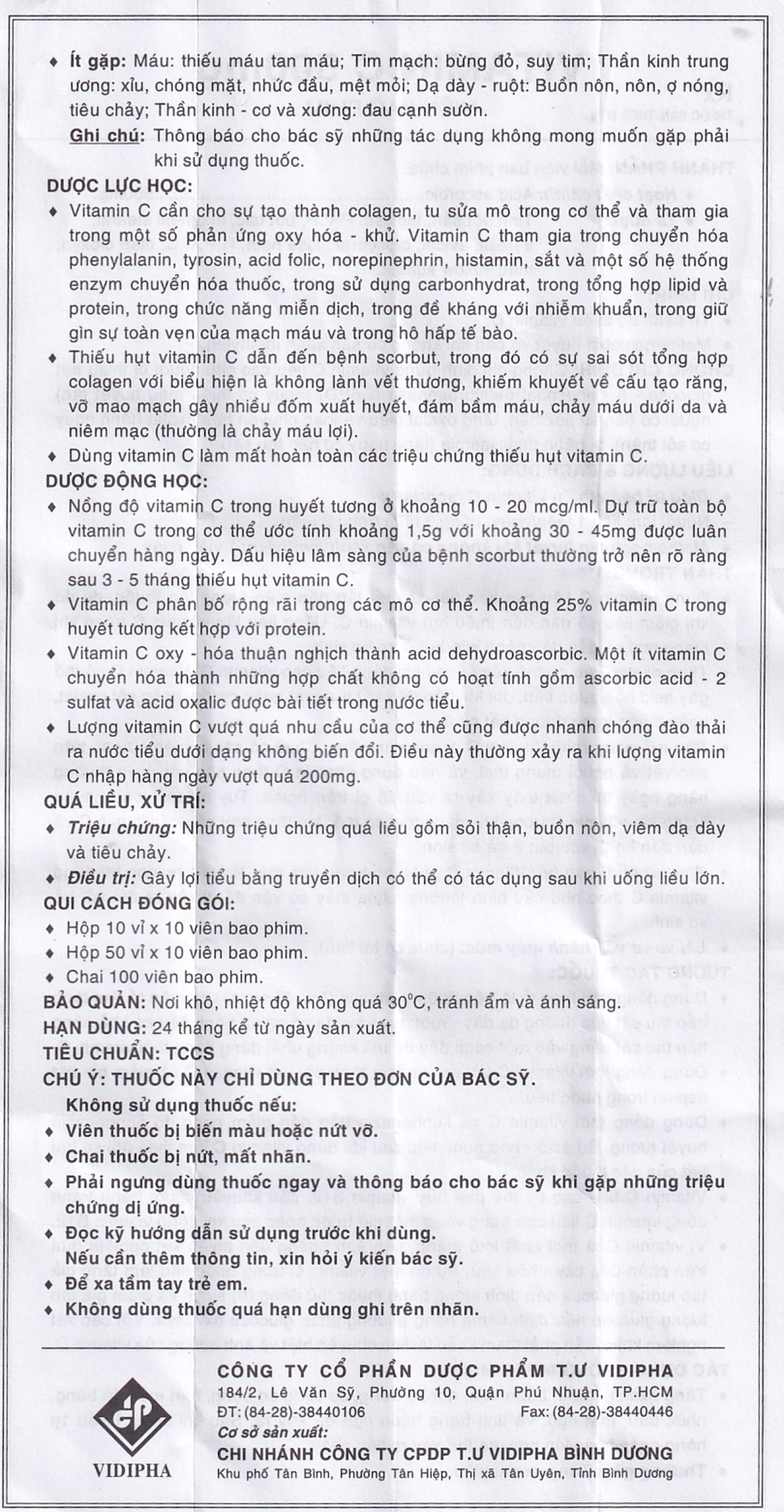 Thuốc Vitamin C 500mg Vidipha điều trị bệnh do thiếu Vitamin C (10 vỉ x 10 viên)