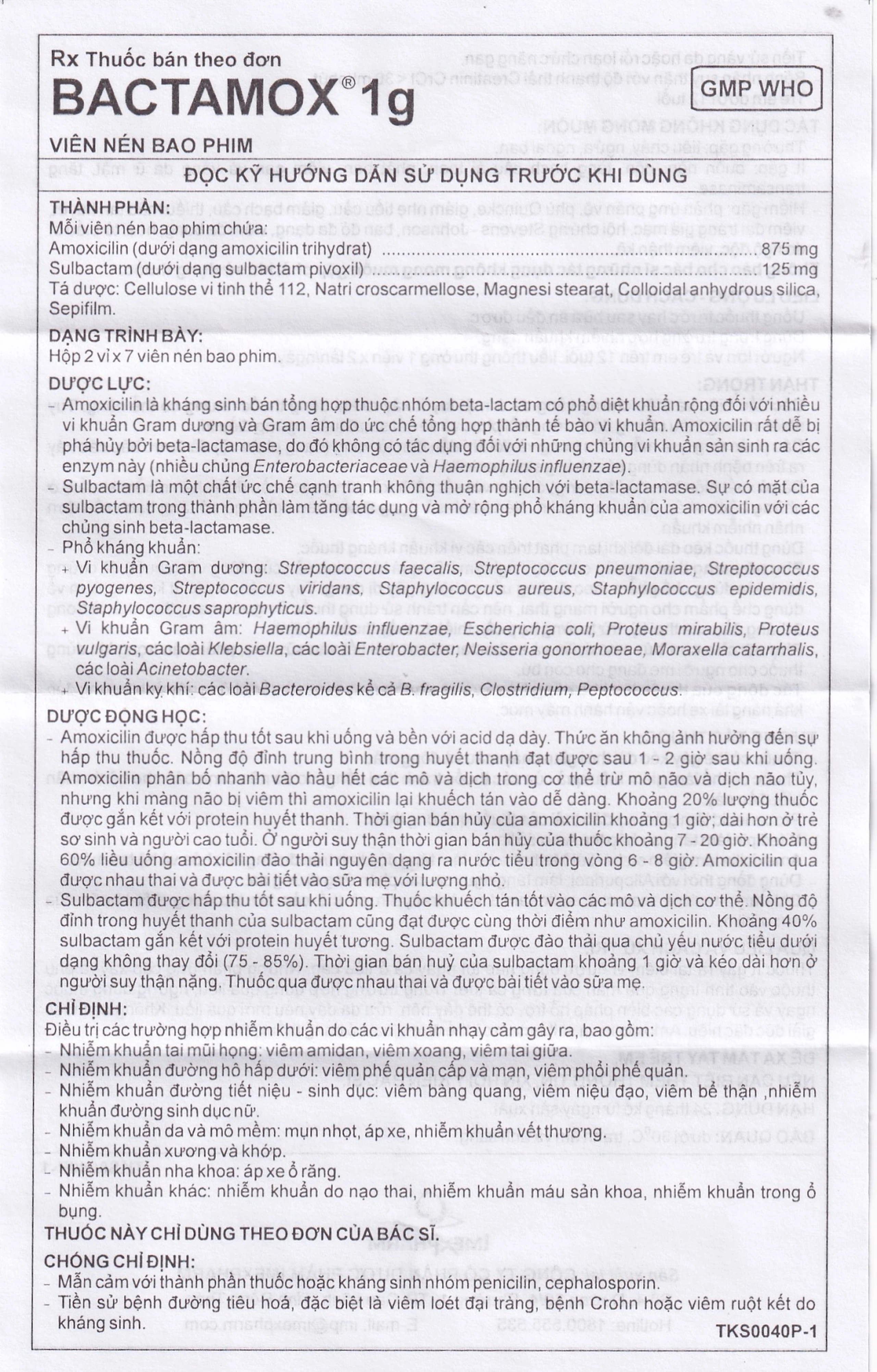 Thuốc Bactamox 1g Imexpharm điều trị nhiễm khuẩn (2 vỉ x 7 viên)