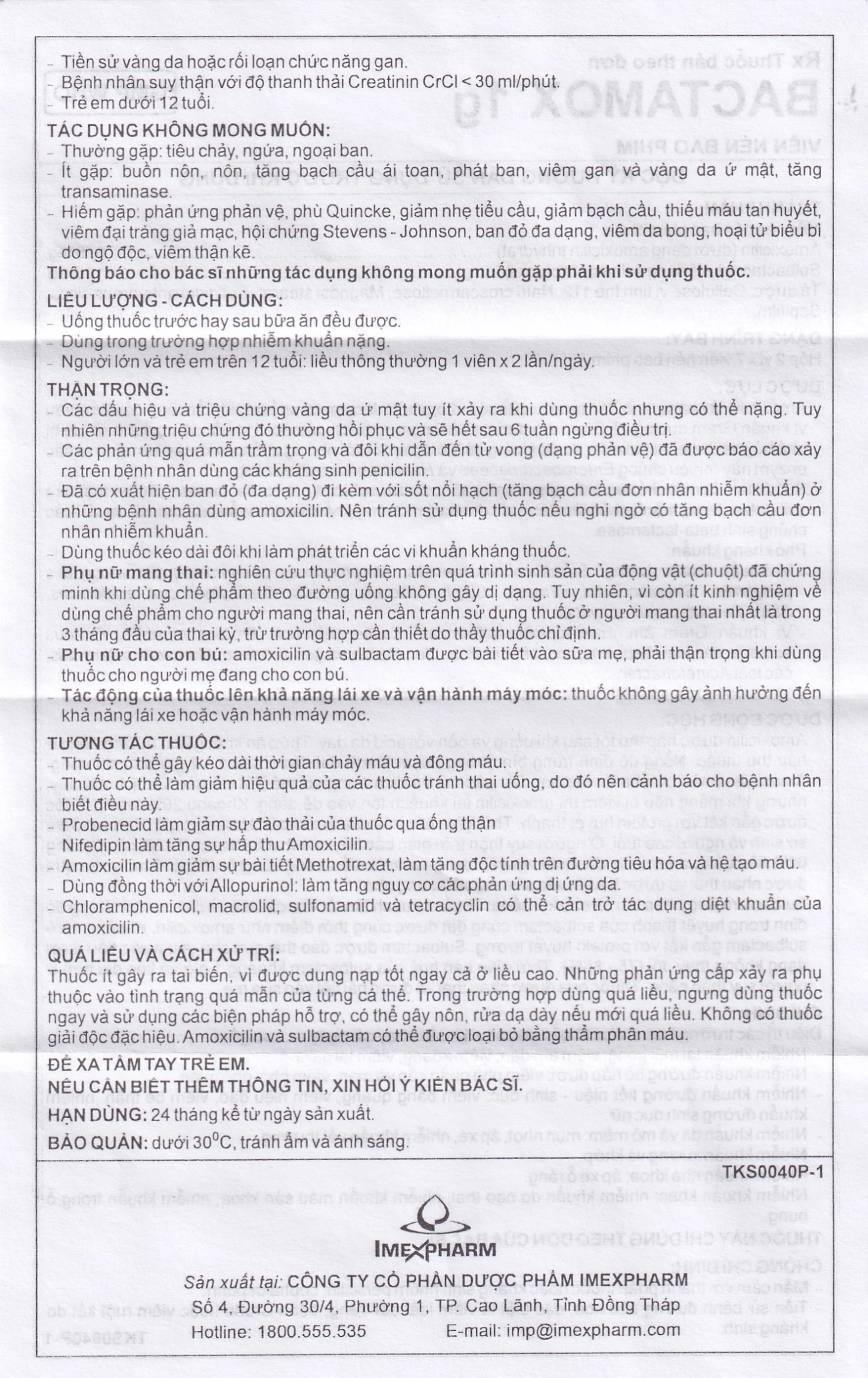 Thuốc Bactamox 1g Imexpharm điều trị nhiễm khuẩn (2 vỉ x 7 viên)