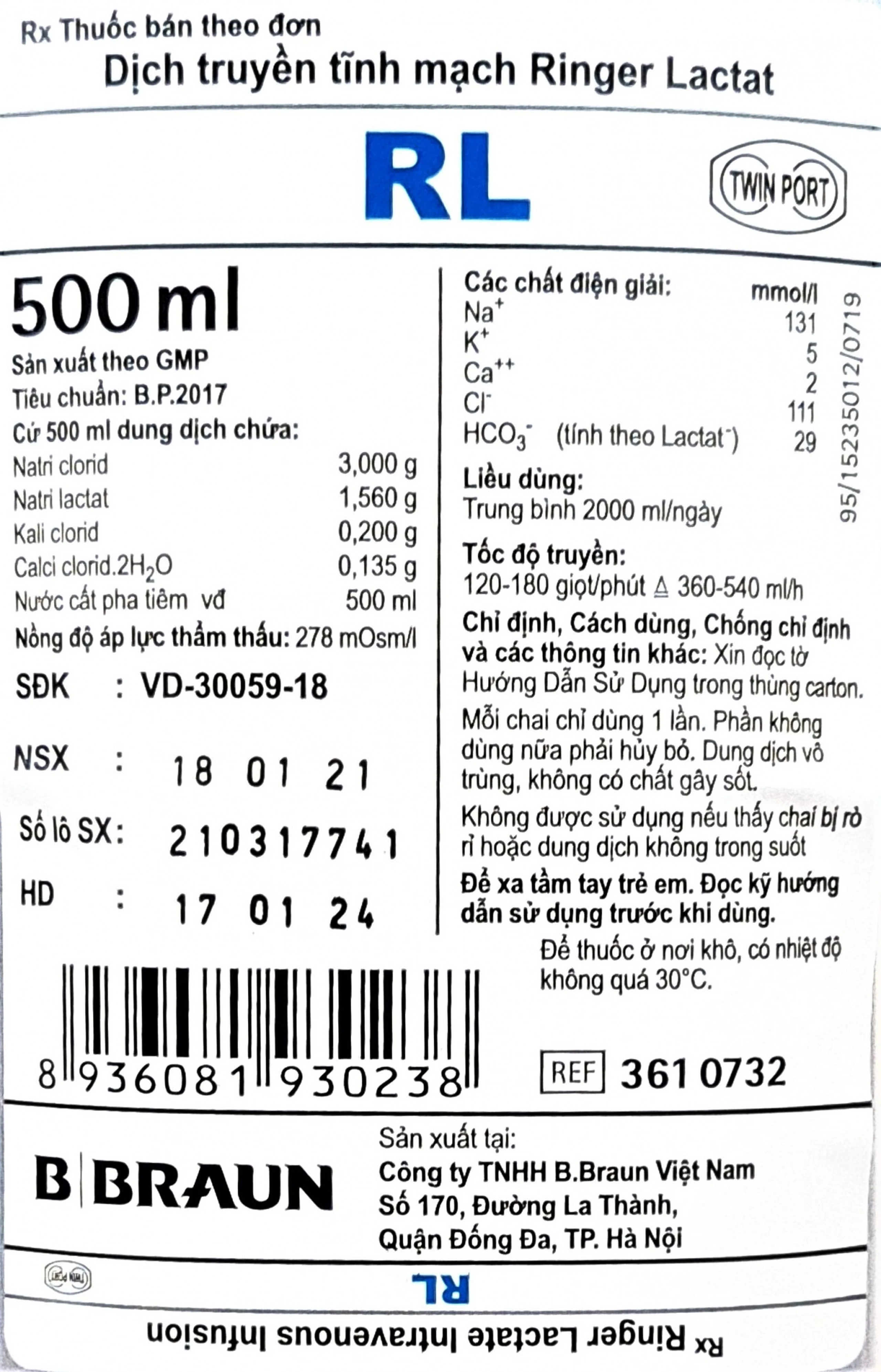 Dung dịch Ringer Lactat Braun truyền tĩnh mạch bù nước và điện giải (500ml)