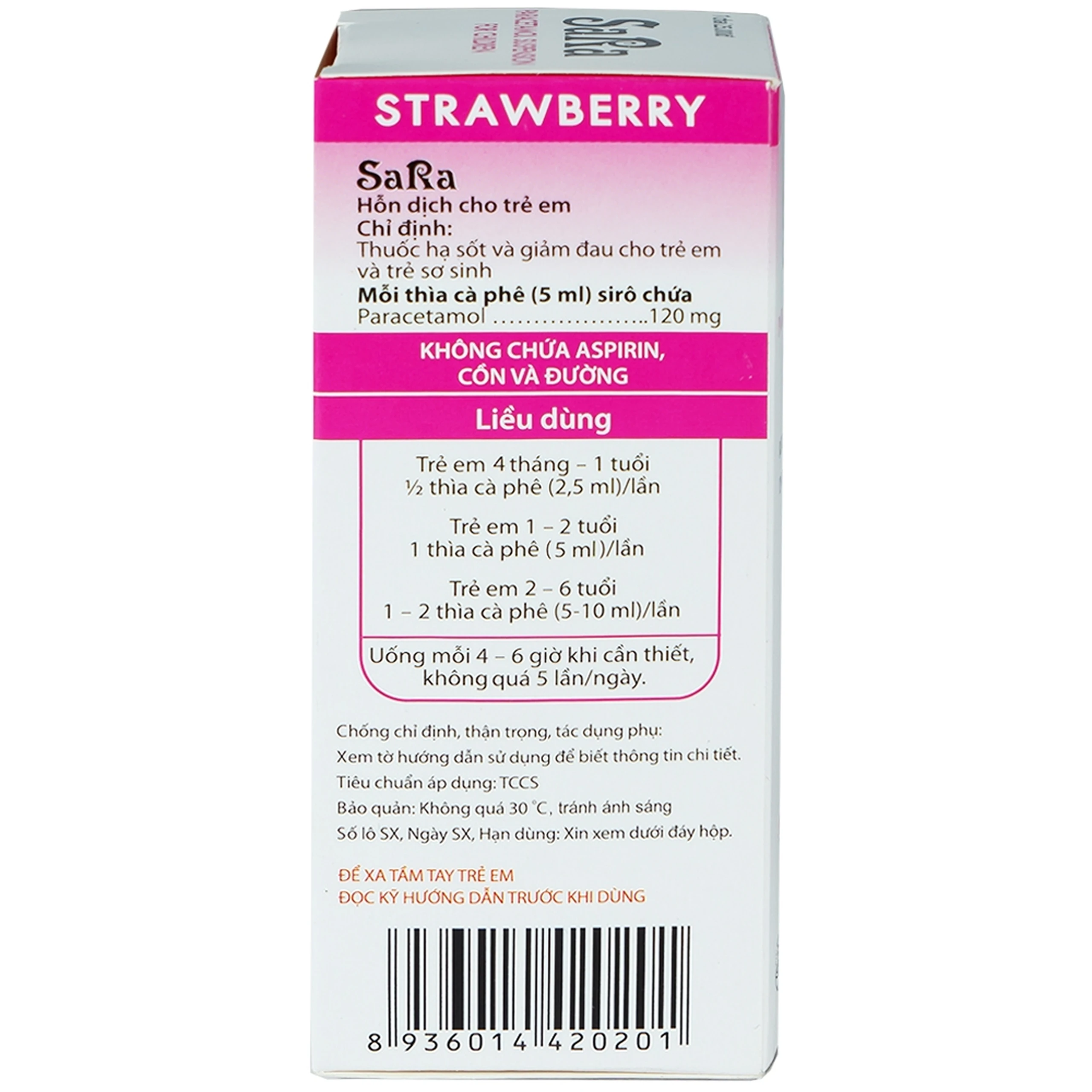 Thuốc Sara 120mg/5ml Thai Nakorn Patana hương dâu tây hạ sốt, giảm đau cho trẻ (60ml)