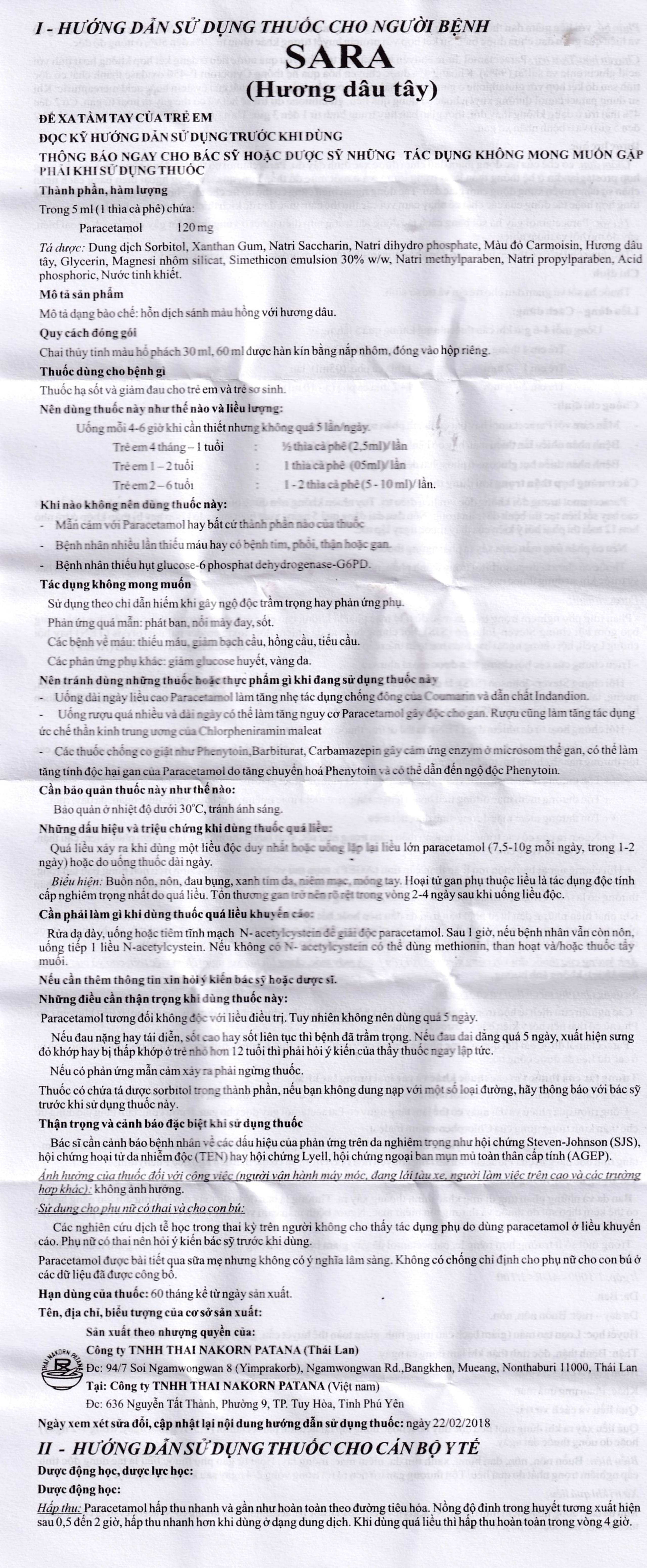 Thuốc Sara 120mg/5ml Thai Nakorn Patana hương dâu tây hạ sốt, giảm đau cho trẻ (60ml)