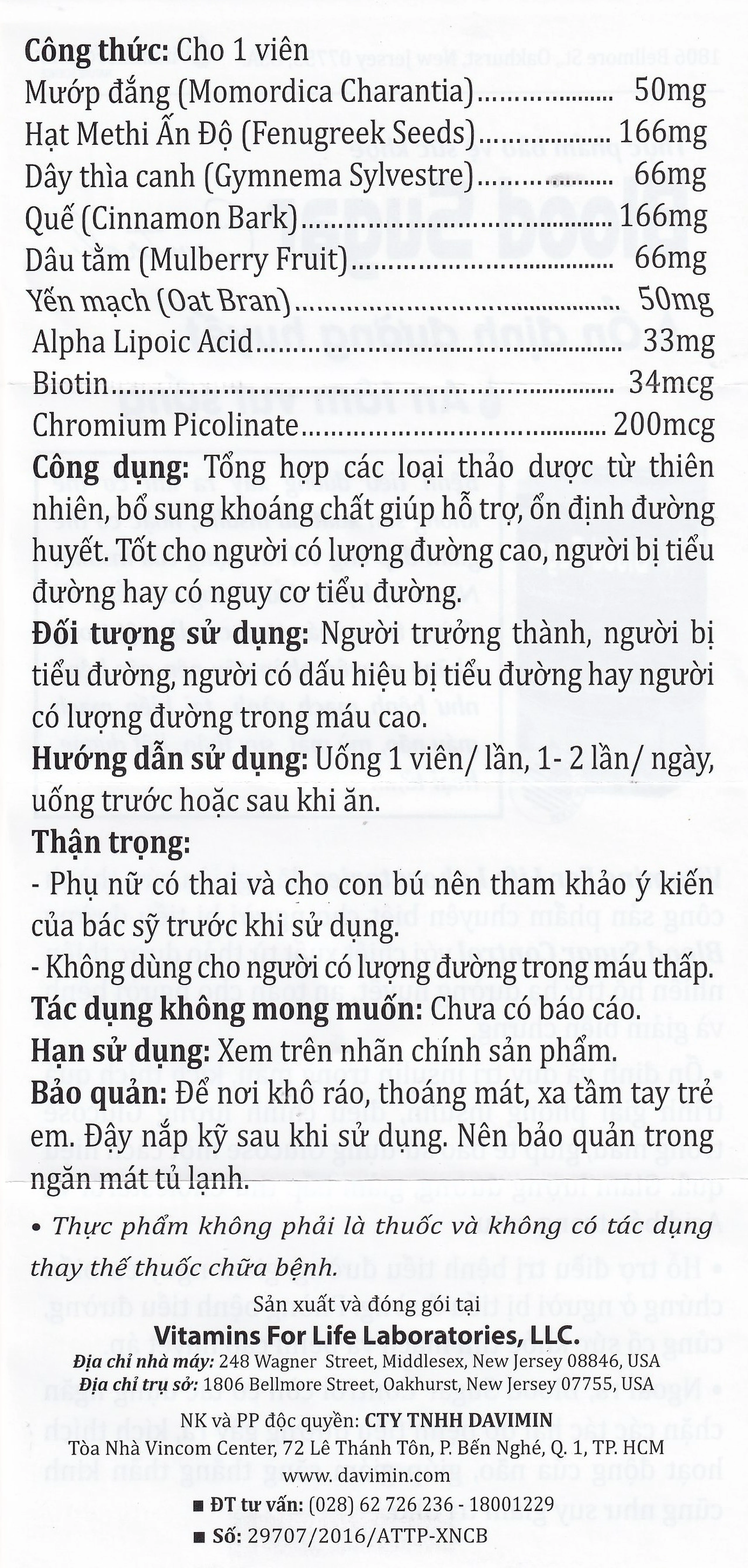 Viên uống ổn định đường huyết, tốt cho người bị tiểu đường Blood Sugar Control Vitamins For Life (60 viên)