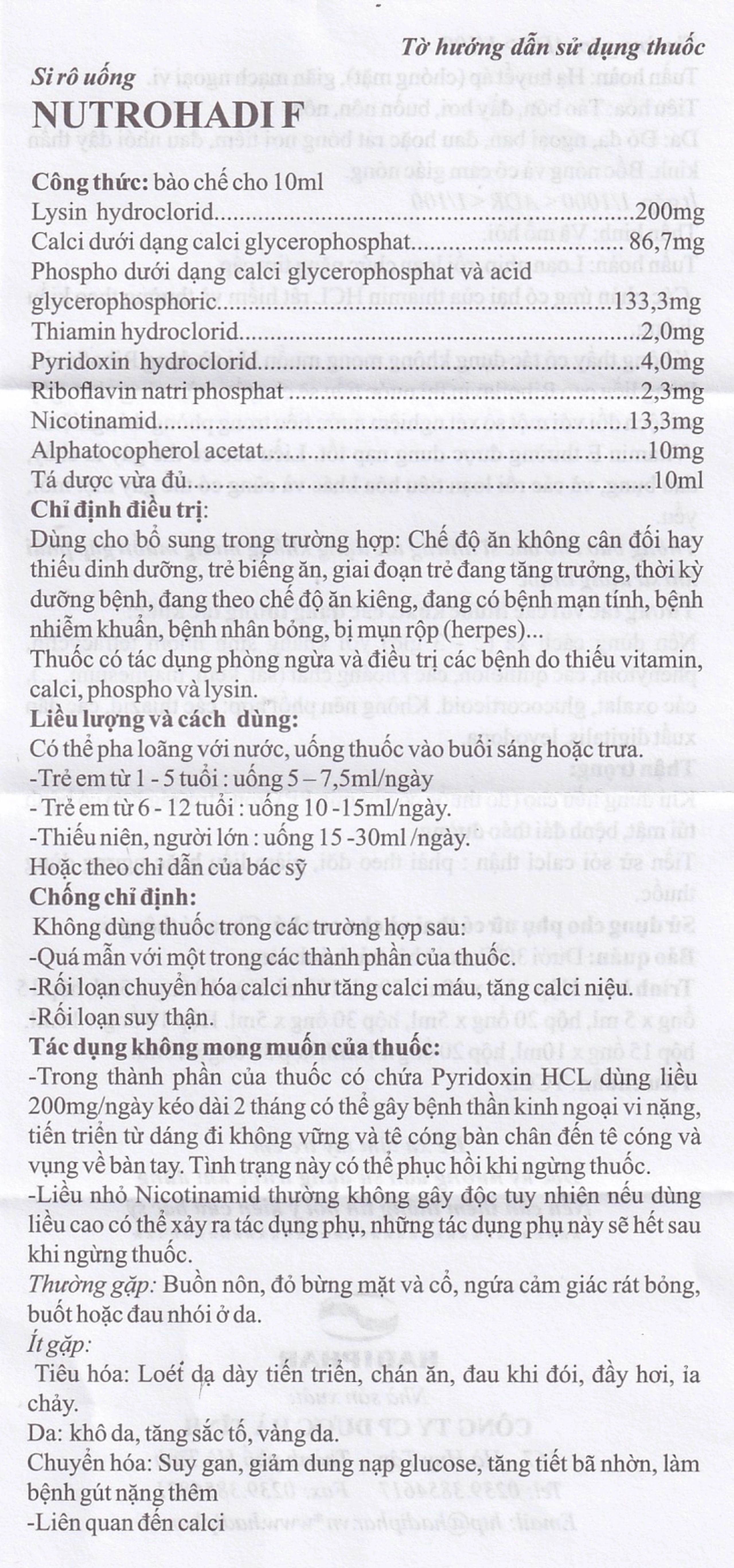 Siro Nutrohadi F bổ sung dinh dưỡng dùng cho trẻ biếng ăn, phòng ngừa thiếu vitamin (20 ống x 10ml)