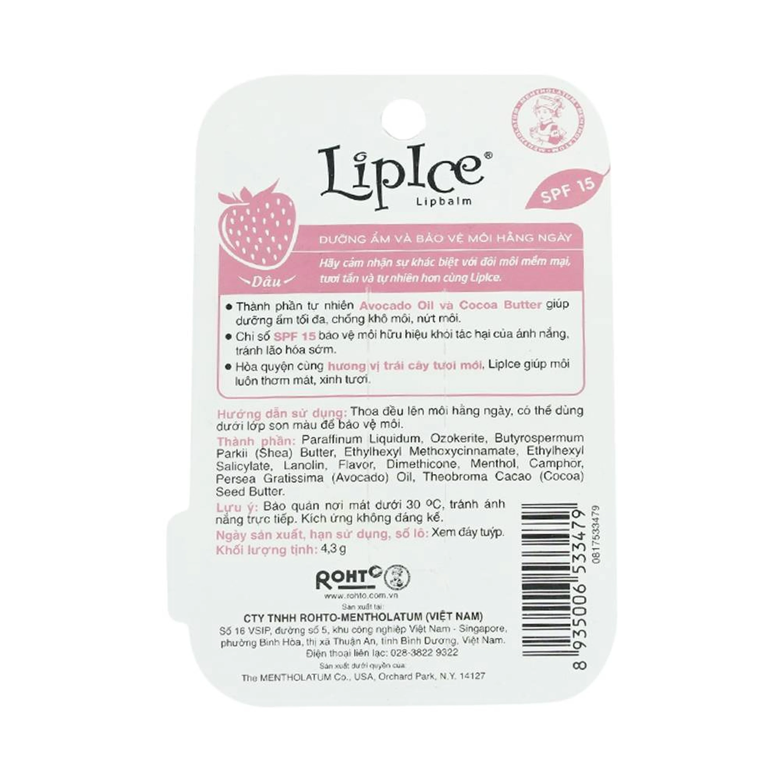 Son dưỡng Lipice Lipbalm hương dâu hỗ trợ dưỡng ẩm, bảo vệ môi (4.3g)