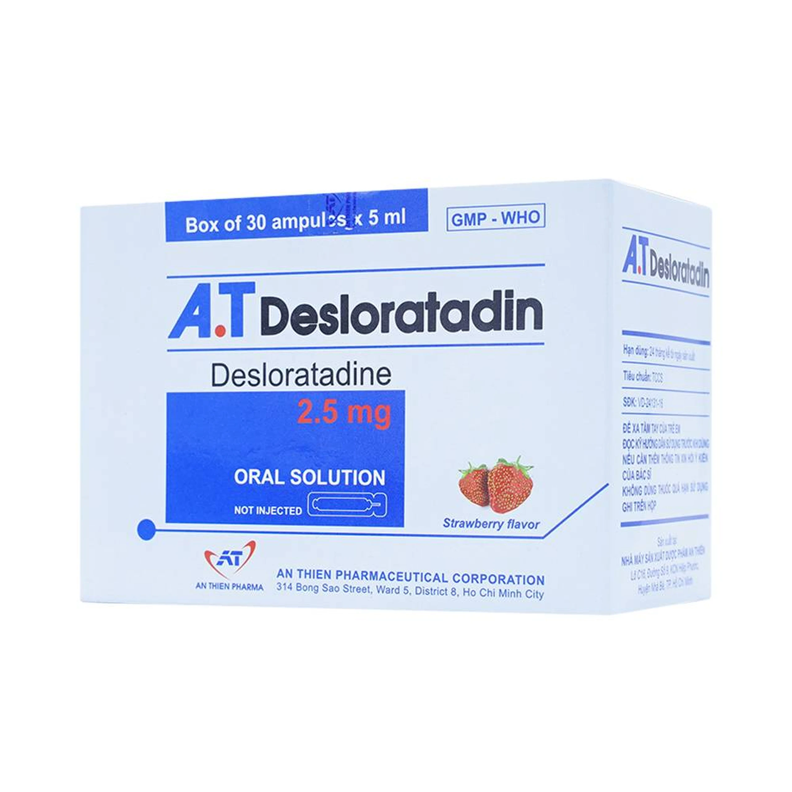Dung dịch uống A.T Desloratadin 2.5mg An Thiên giảm viêm mũi dị ứng, nổi mày đay mạn tính (30 ống x 5ml)
