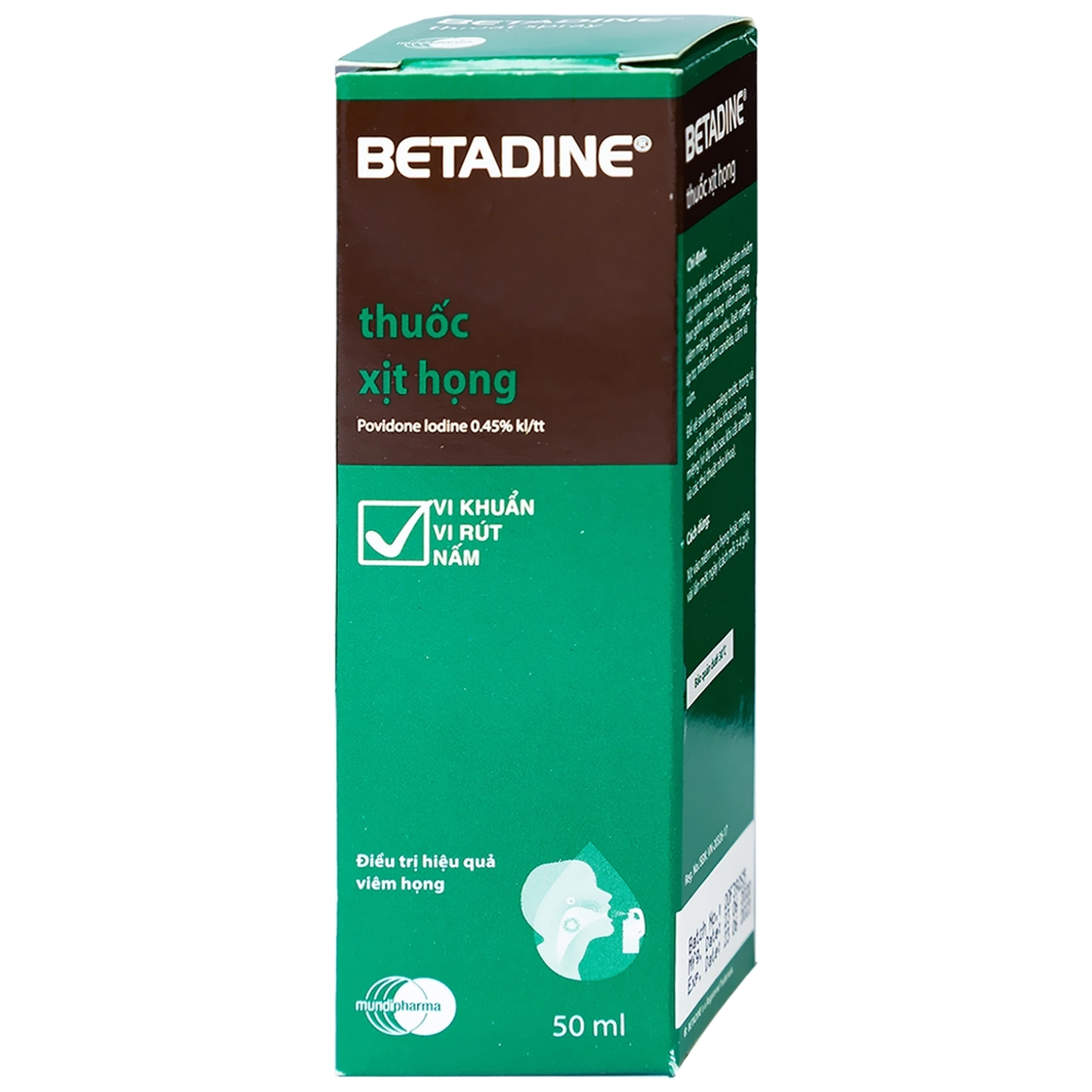 Thuốc xịt họng Betadine Throat Spray điều trị bệnh nhiễm trùng cấp tính niêm mạc miệng, họng (50ml)