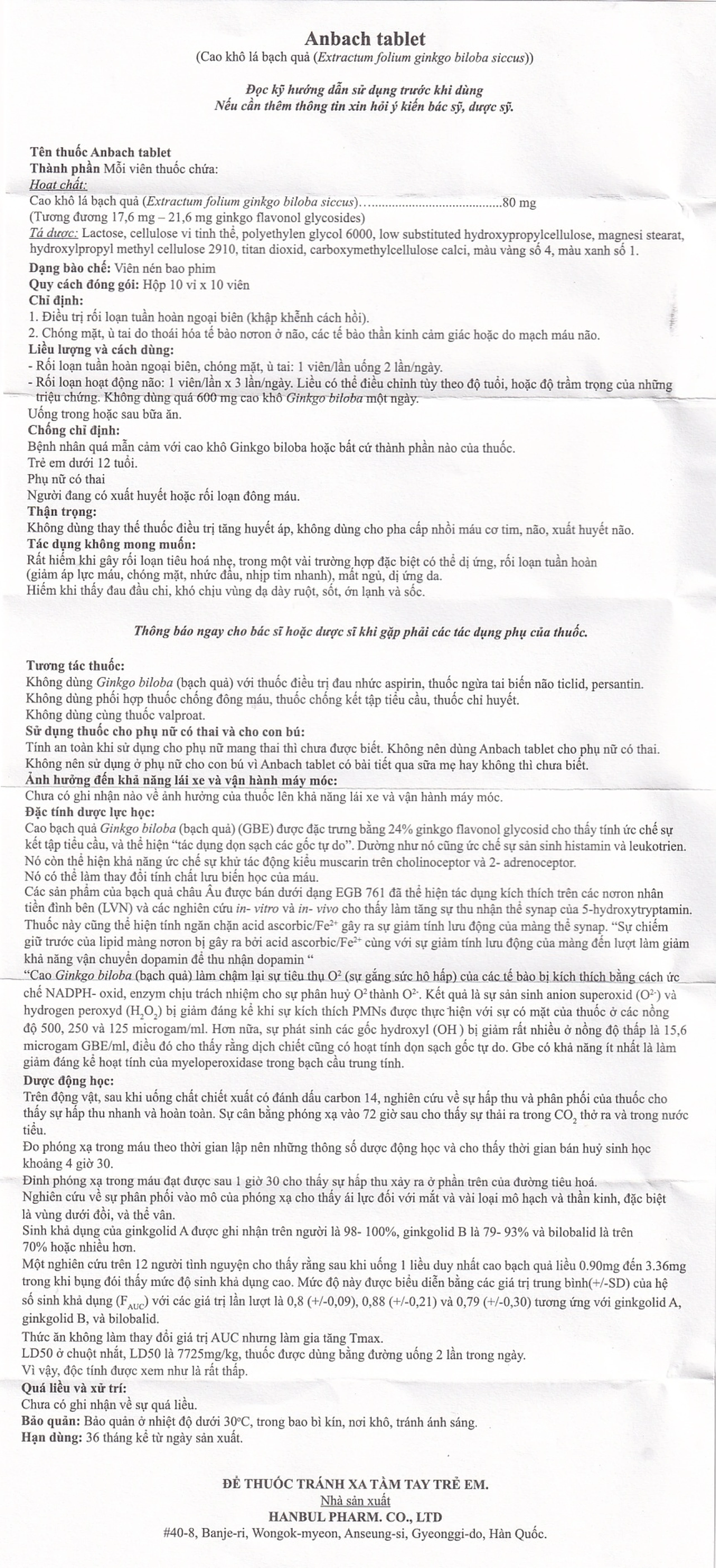 Thuốc Anbach Tablet Hanbul Pharm điều trị rối loạn tuần hoàn ngoại biên (10 vỉ x 10 viên)