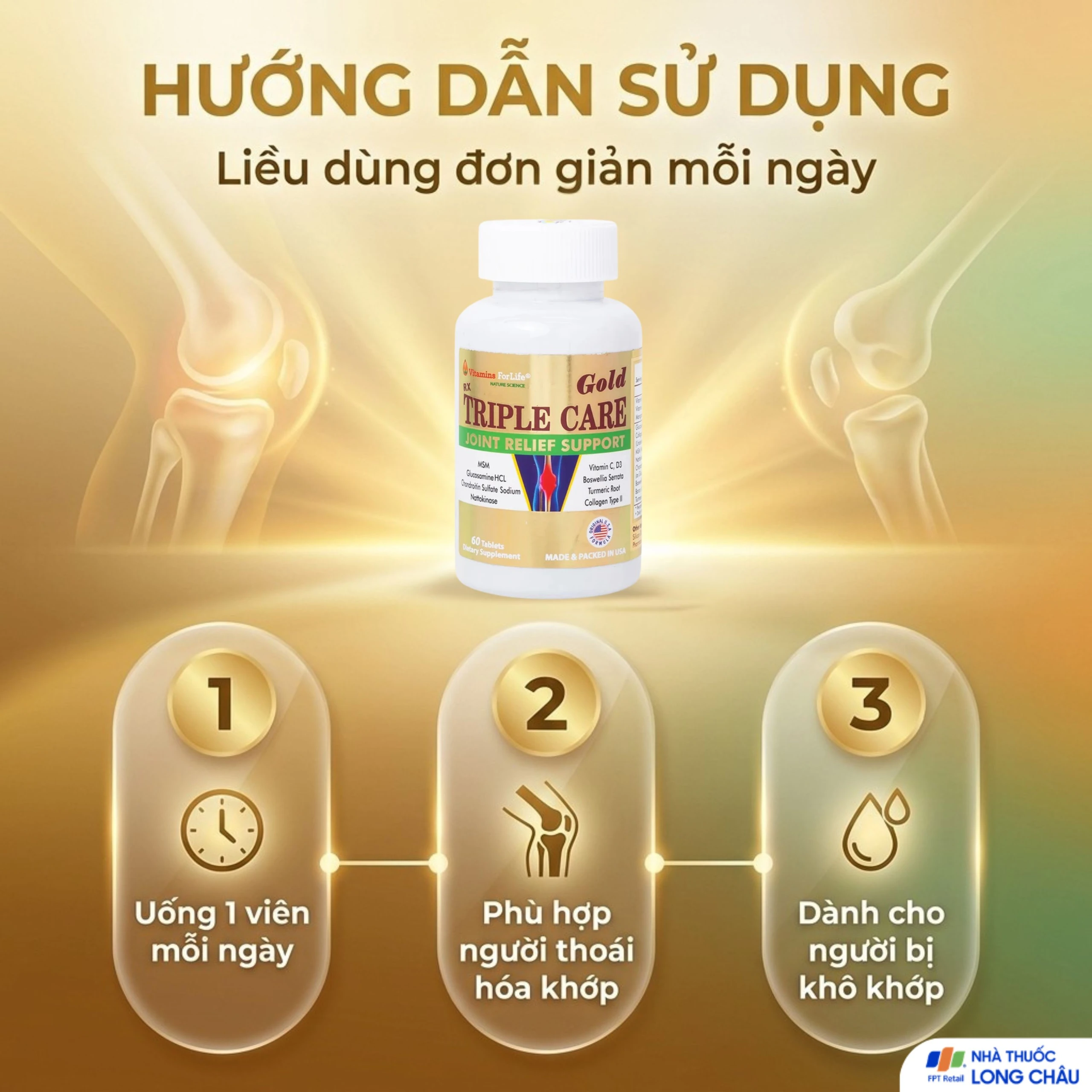 Viên uống giúp tăng tiết dịch khớp, giảm thoái hóa khớp Triple Care Gold Vitamins For Life (60 viên) 5