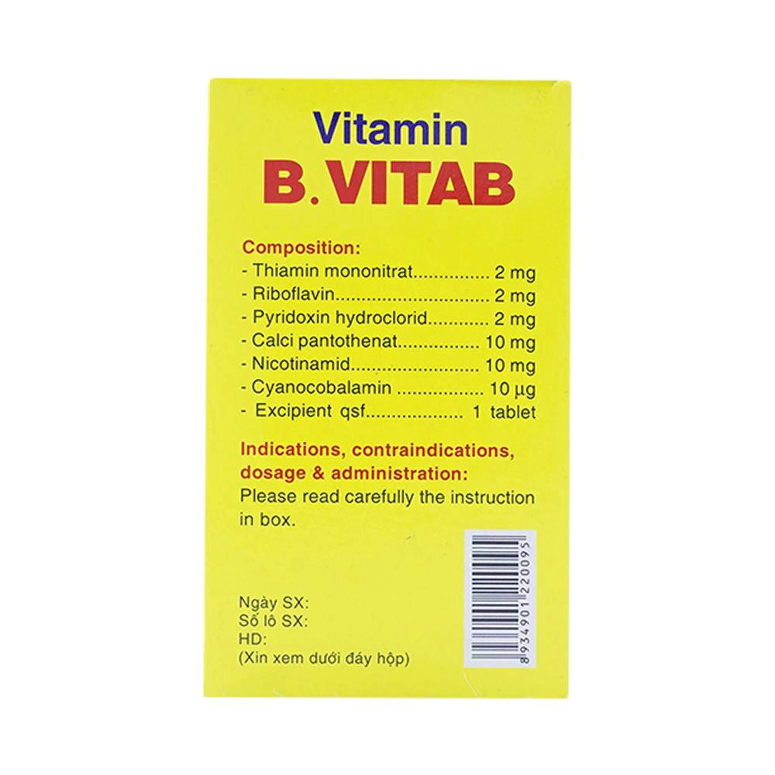 Thuốc Vitamin B.Vitab B12 Danapha phòng và điều trị tình trạng thiếu Calci và Vitamin B (100 viên)
