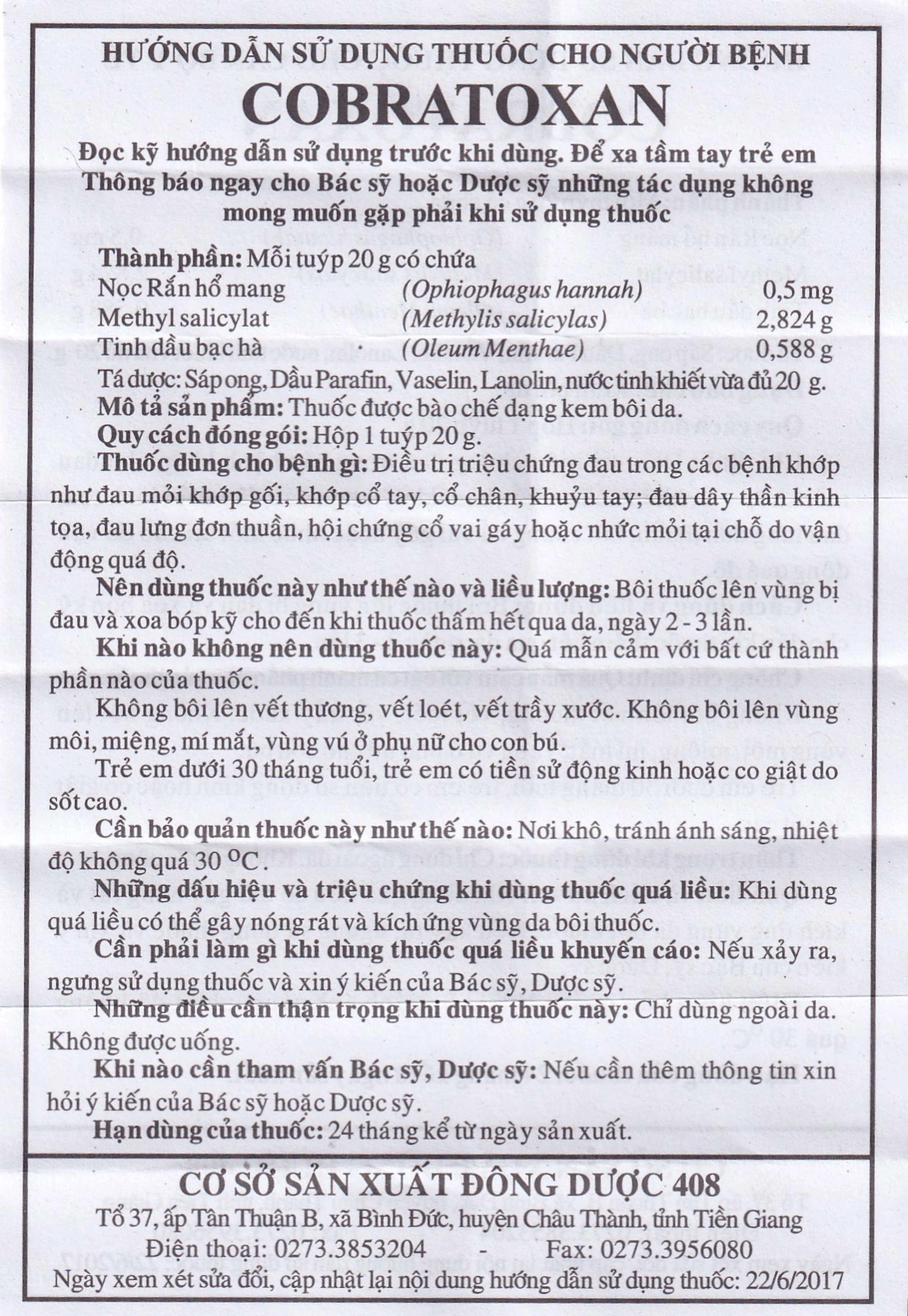 Kem xoa nọc rắn Cobratoxan 20g Đông Dược 408 tác dụng điều trị đau xương khớp (10 tuýp)