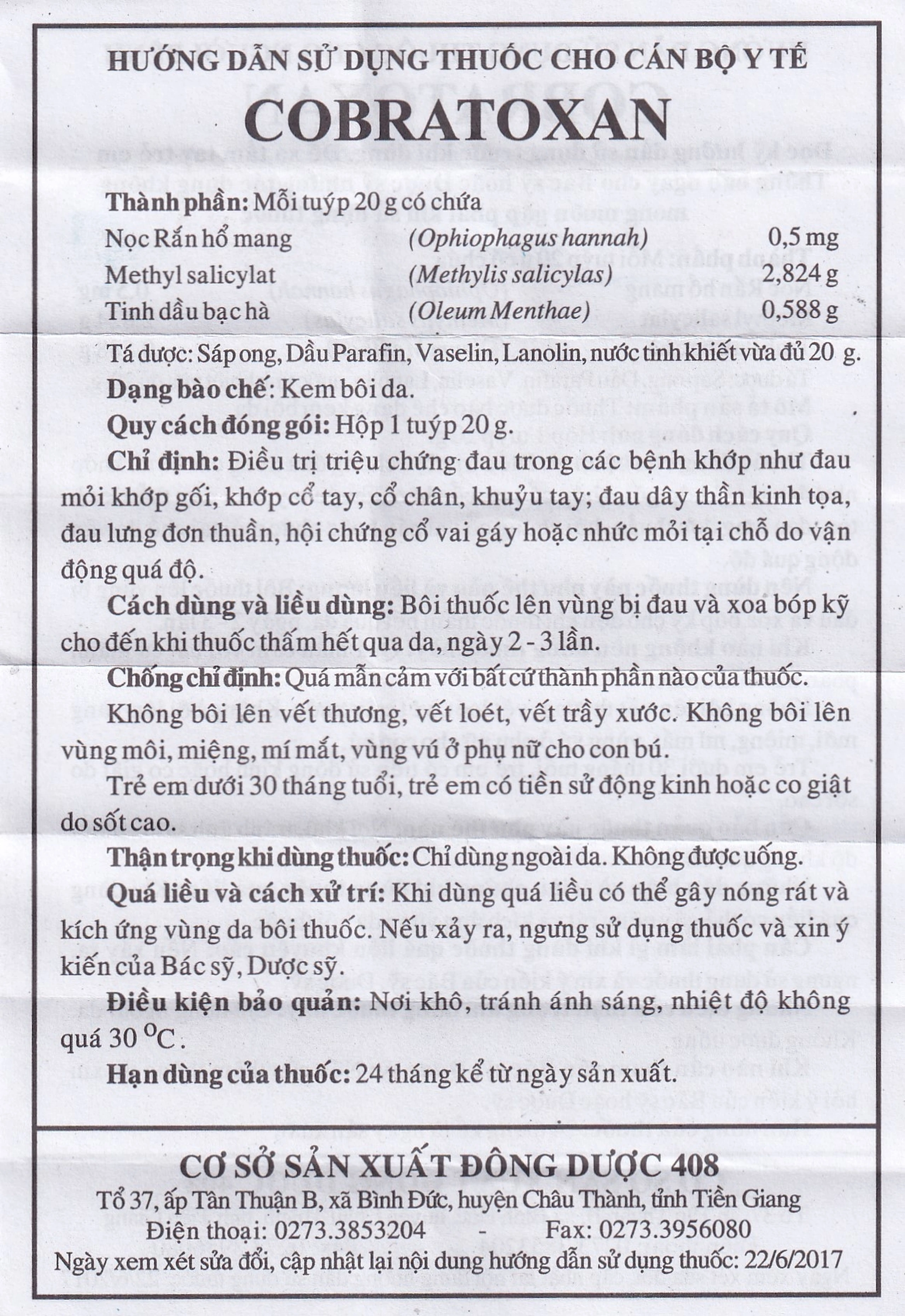 Kem xoa nọc rắn Cobratoxan 20g Đông Dược 408 tác dụng điều trị đau xương khớp (10 tuýp)