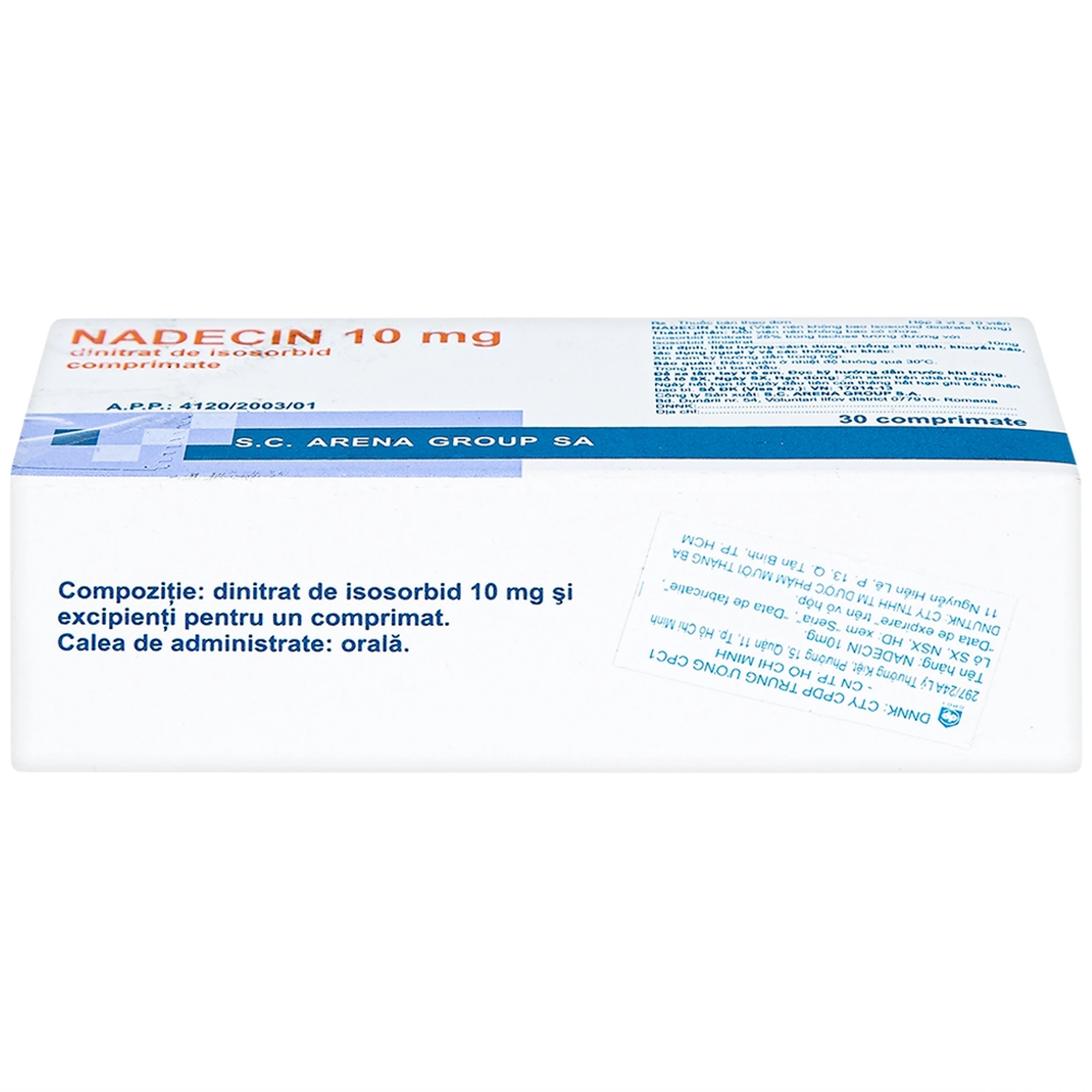 Thuốc Nadecin 10mg phòng và điều trị cơn đau thắt ngực, suy tim sung huyết (3 vỉ x 10 viên)