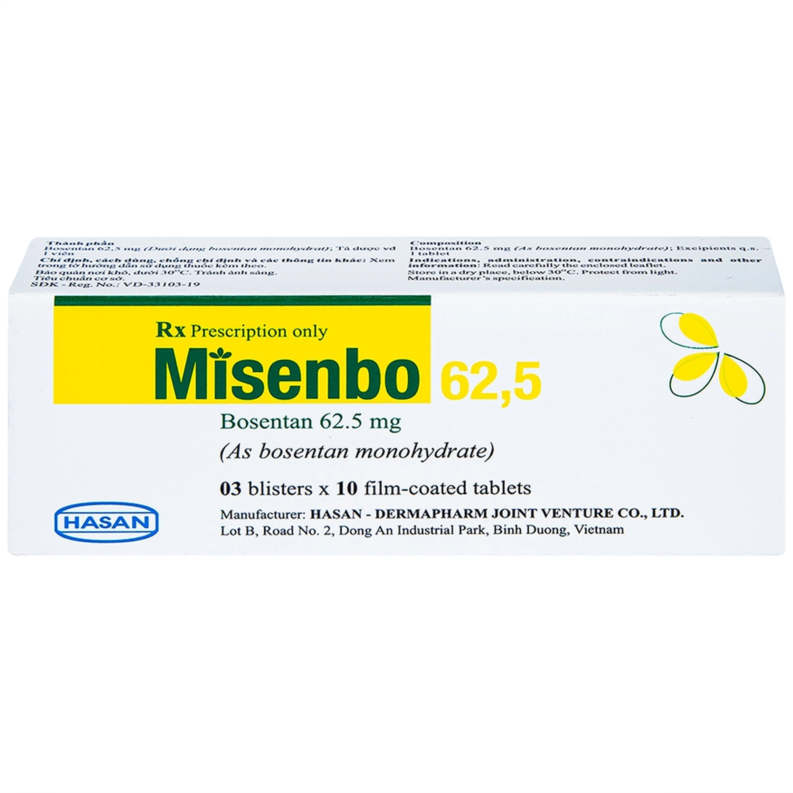 Viên nén Misenbo 62,5 Hasan điều trị tăng huyết áp động mạch phổi (3 vỉ x 10 viên)