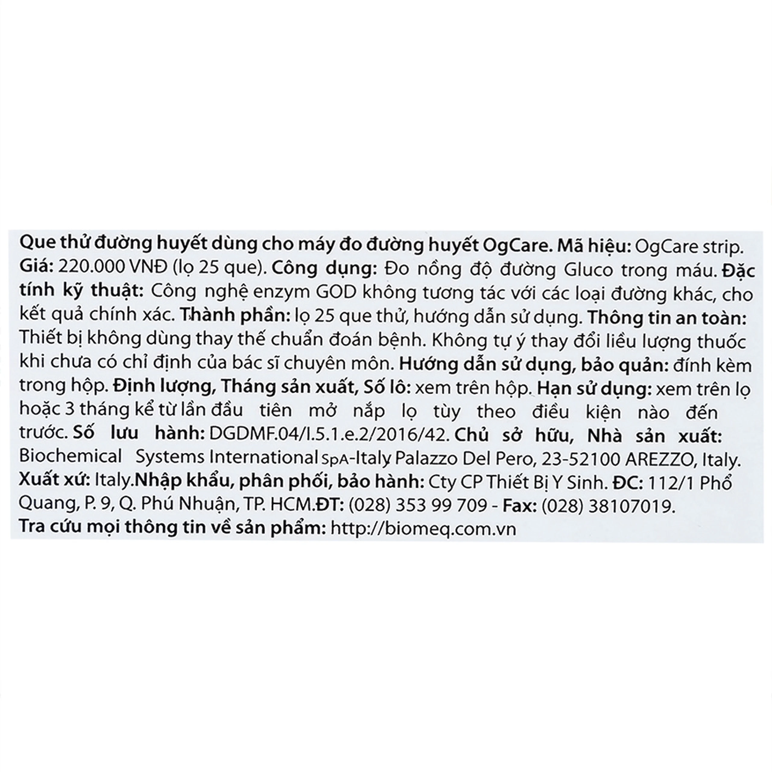 Que thử đường huyết Ogcare Biochemical (hộp 25 que)