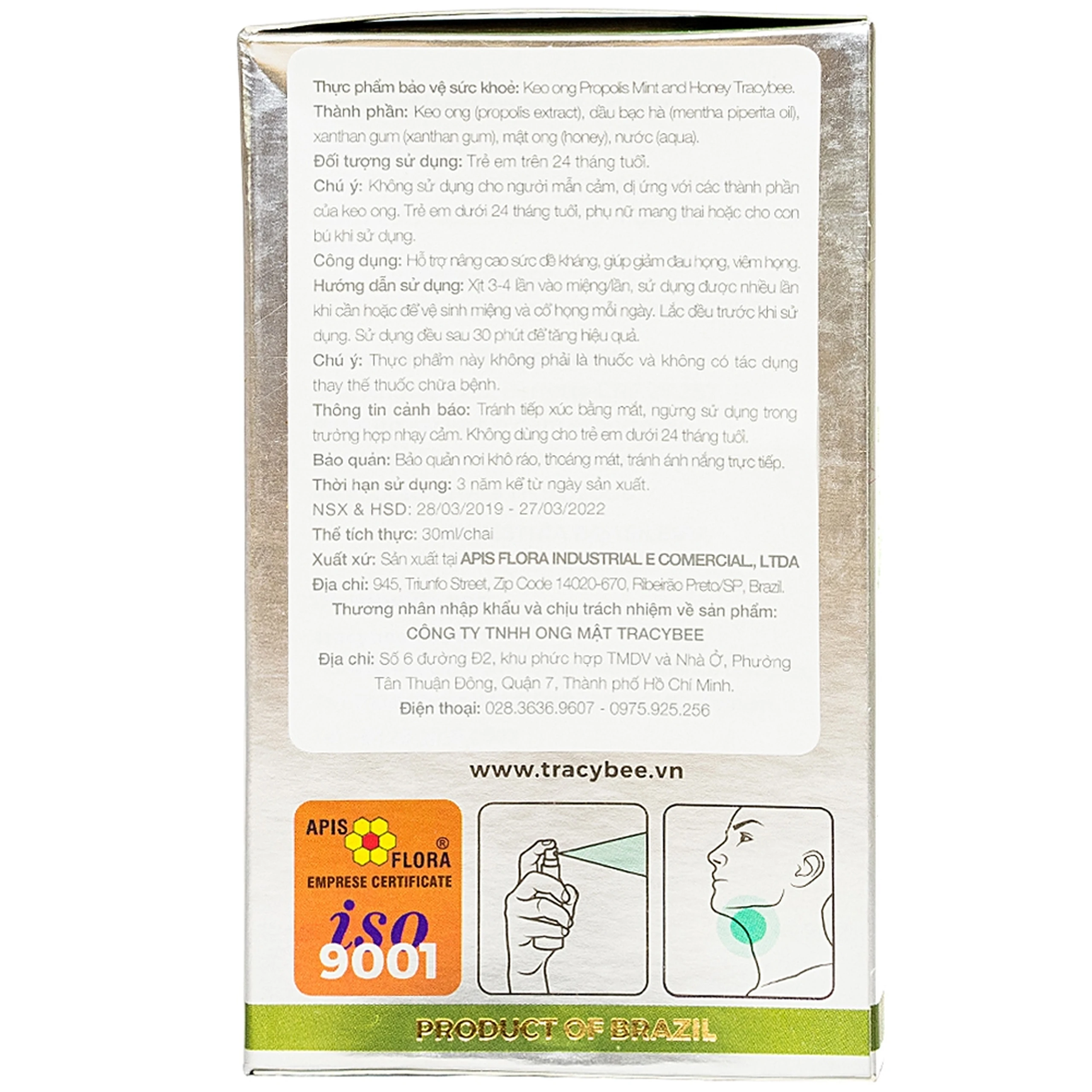 Keo ong giúp giảm đau viêm họng ho do nhiễm khuẩn Tracybee Propolis Tutti Frutti & Honey vị bạc hà (30ml)