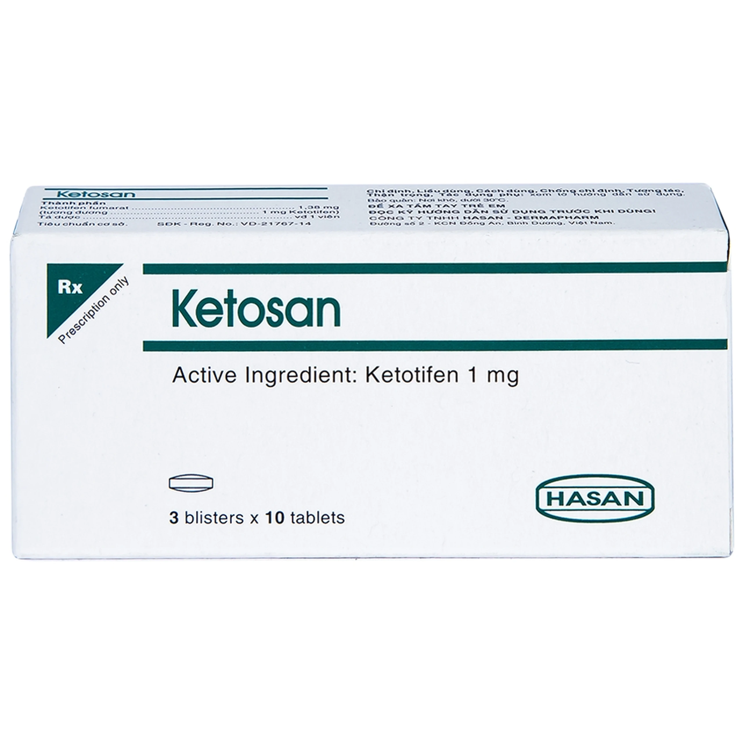Viên nén Ketosan Hasan phòng ngừa hen phế quản, điều trị viêm mũi dị ứng (3 vỉ x 10 viên)