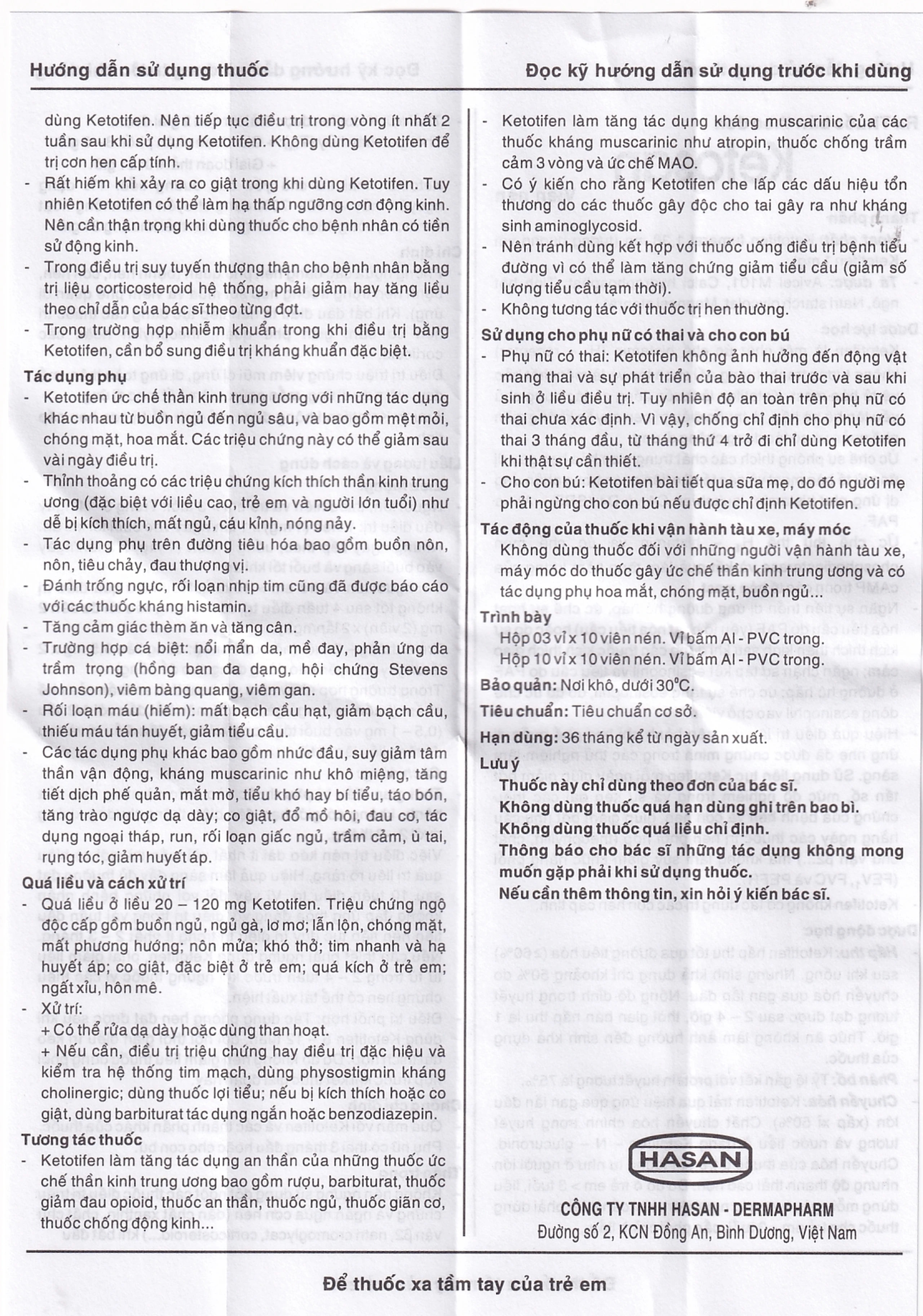 Viên nén Ketosan Hasan phòng ngừa hen phế quản, điều trị viêm mũi dị ứng (3 vỉ x 10 viên)