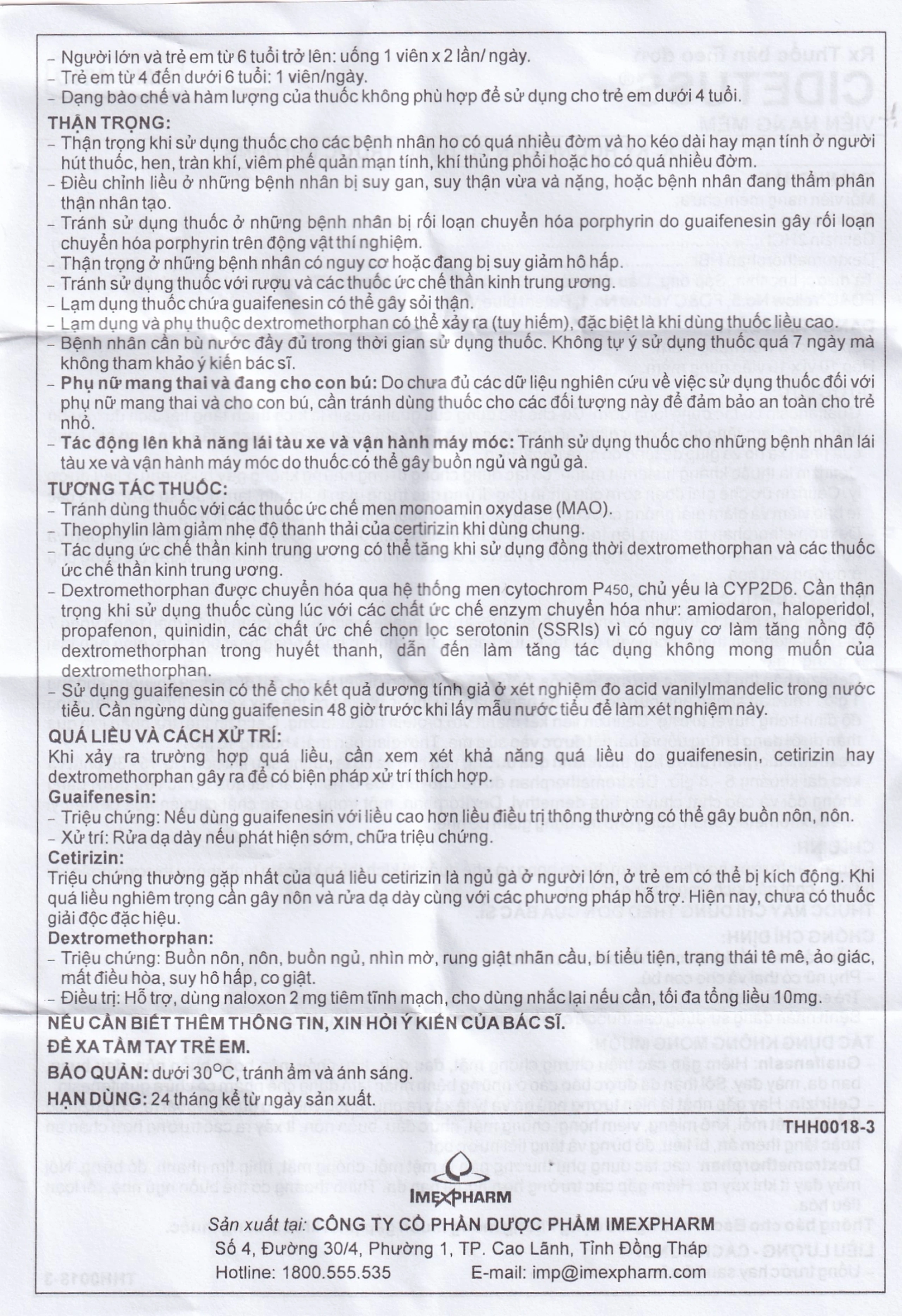 Thuốc Cidetuss Imexpharm điều trị các trường hợp ho (10 vỉ x 10 viên)