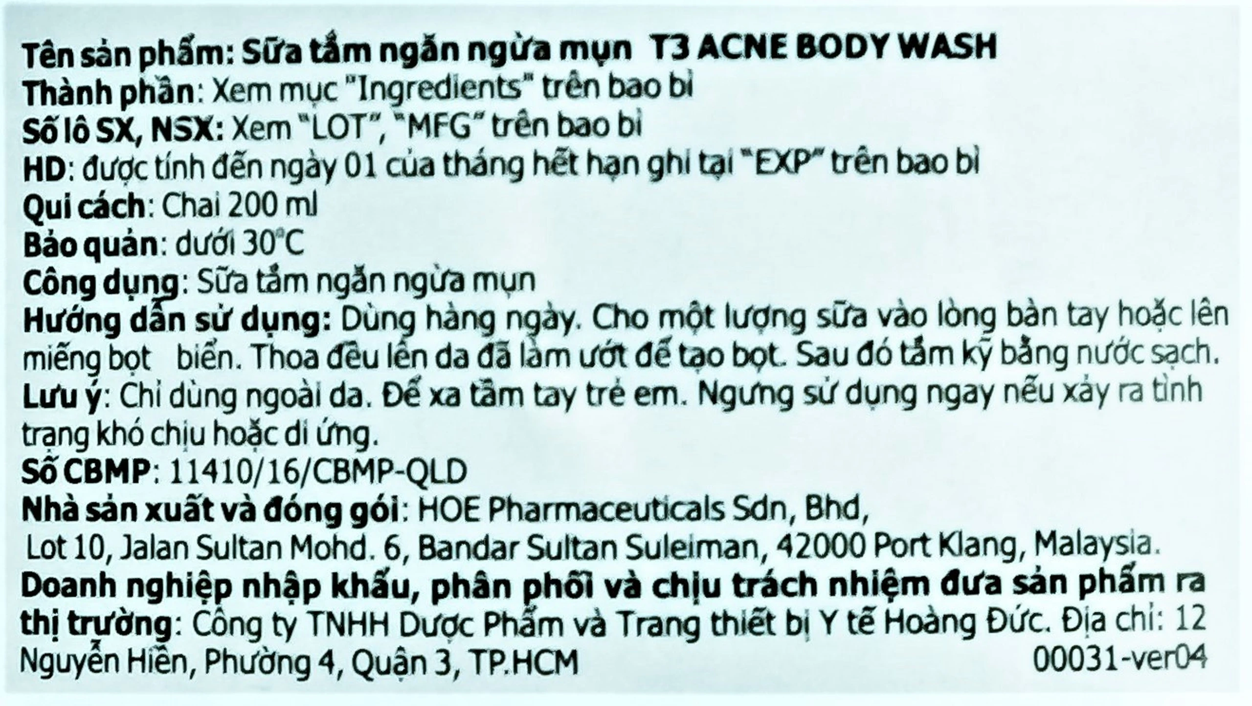 Sữa tắm T3 Acne Body Wash ngăn ngừa mụn (200ml)