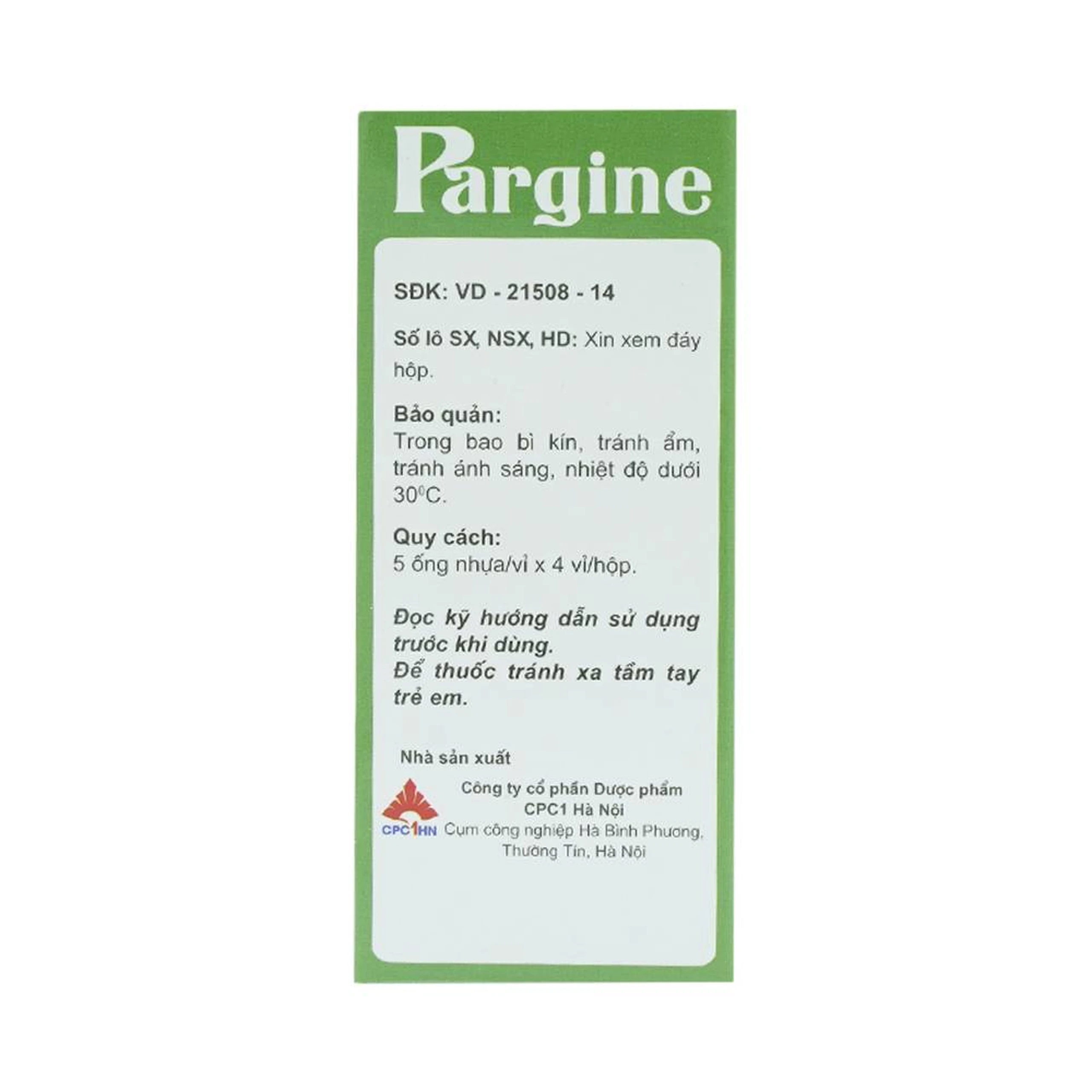 Dung dịch uống Pargine 1000mg/10ml CPC1 Hà Nội điều trị tăng amoniac máu (4 vỉ x 5 ống x 10ml)