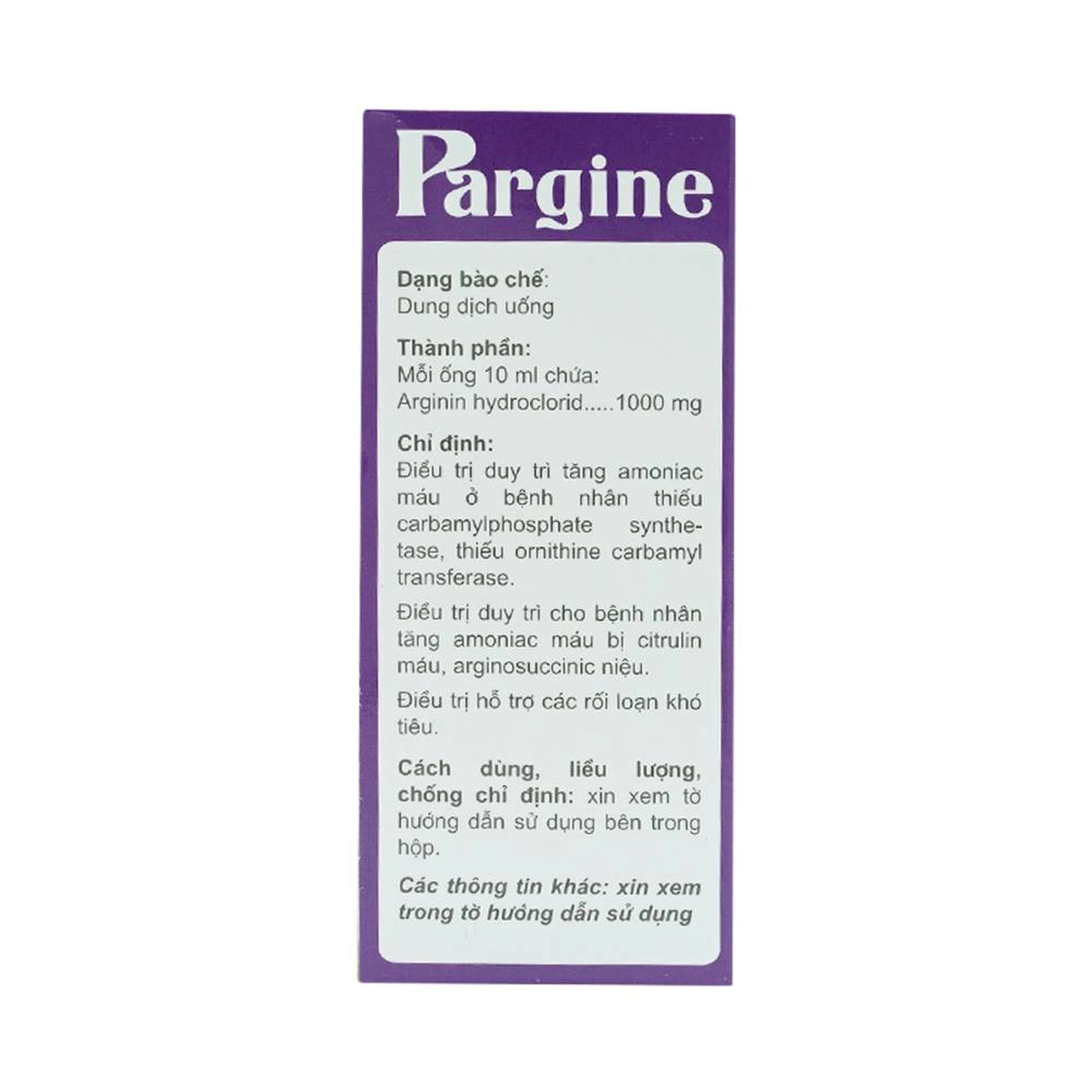 Dung dịch uống Pargine 1000mg/10ml CPC1 Hà Nội điều trị tăng amoniac máu (4 vỉ x 5 ống x 10ml)